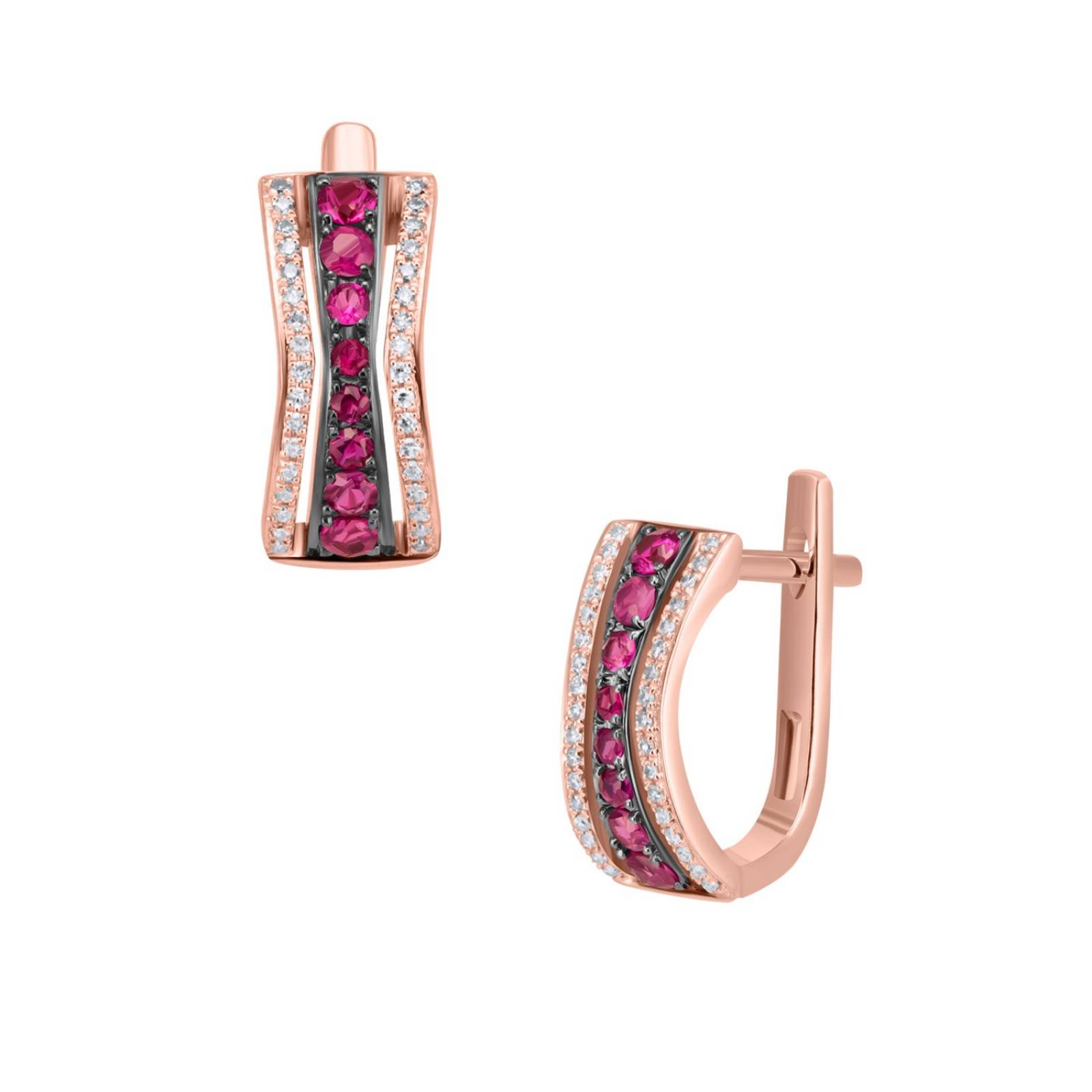 ARETES BIZZARRO DE ORO ROSA 14K CON 12PTS DE DIAMANTE Y RUBI