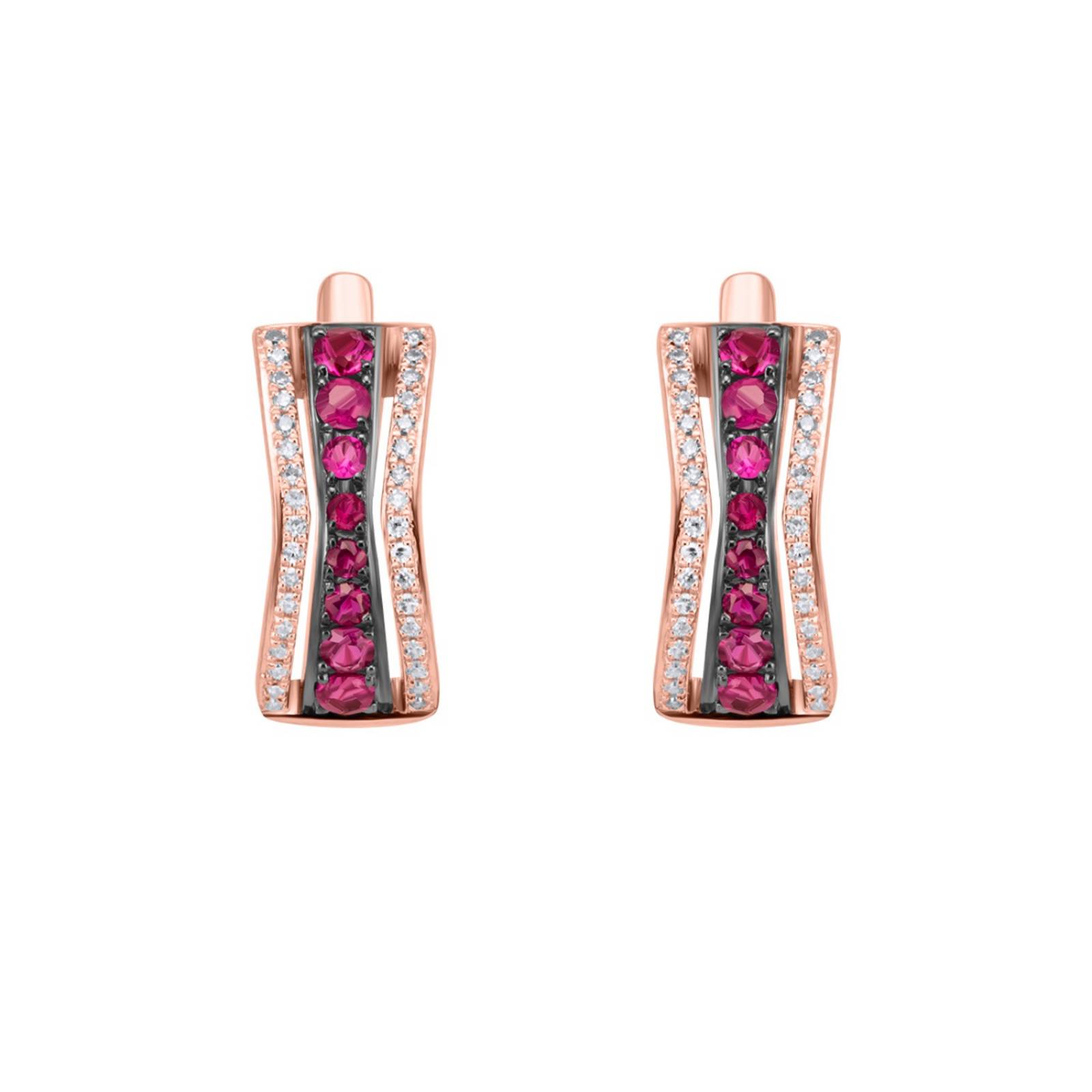 ARETES BIZZARRO DE ORO ROSA 14K CON 12PTS DE DIAMANTE Y RUBI