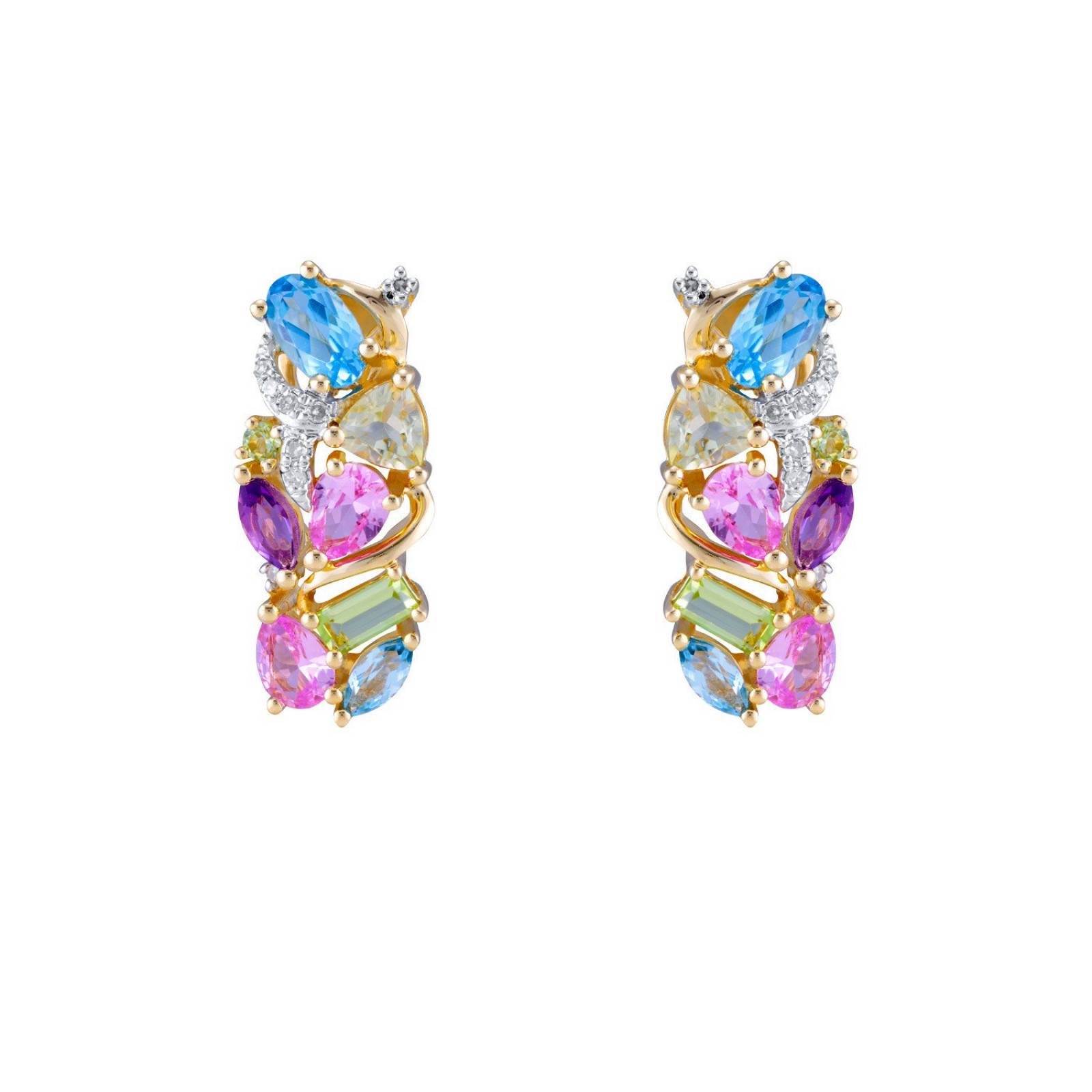 ARETES BIZZARRO ORO AMARILLO 14K C/5P DIAMANTE Y PIEDRAS SEMIPRECIOSAS