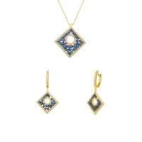 Juego Bizzarro De Aretes Y Dije Con Cadena De Oro Amarillo 14K Y Piedras De Color