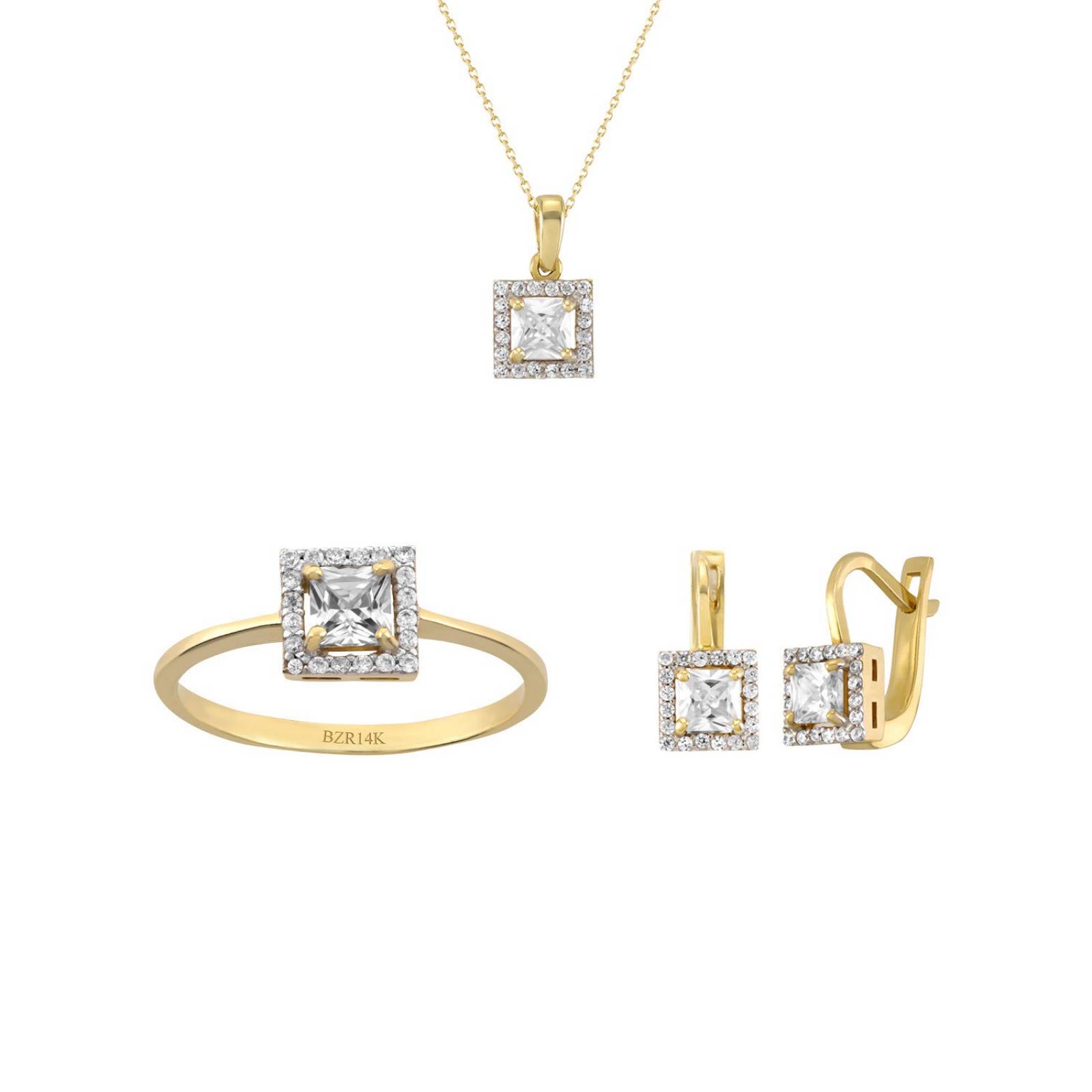 JUEGO BIZZARRO DE ARETES, ANILLO Y DIJE CON CADENA DE ORO AMARILLO DE 14K CON ZIRCONIAS