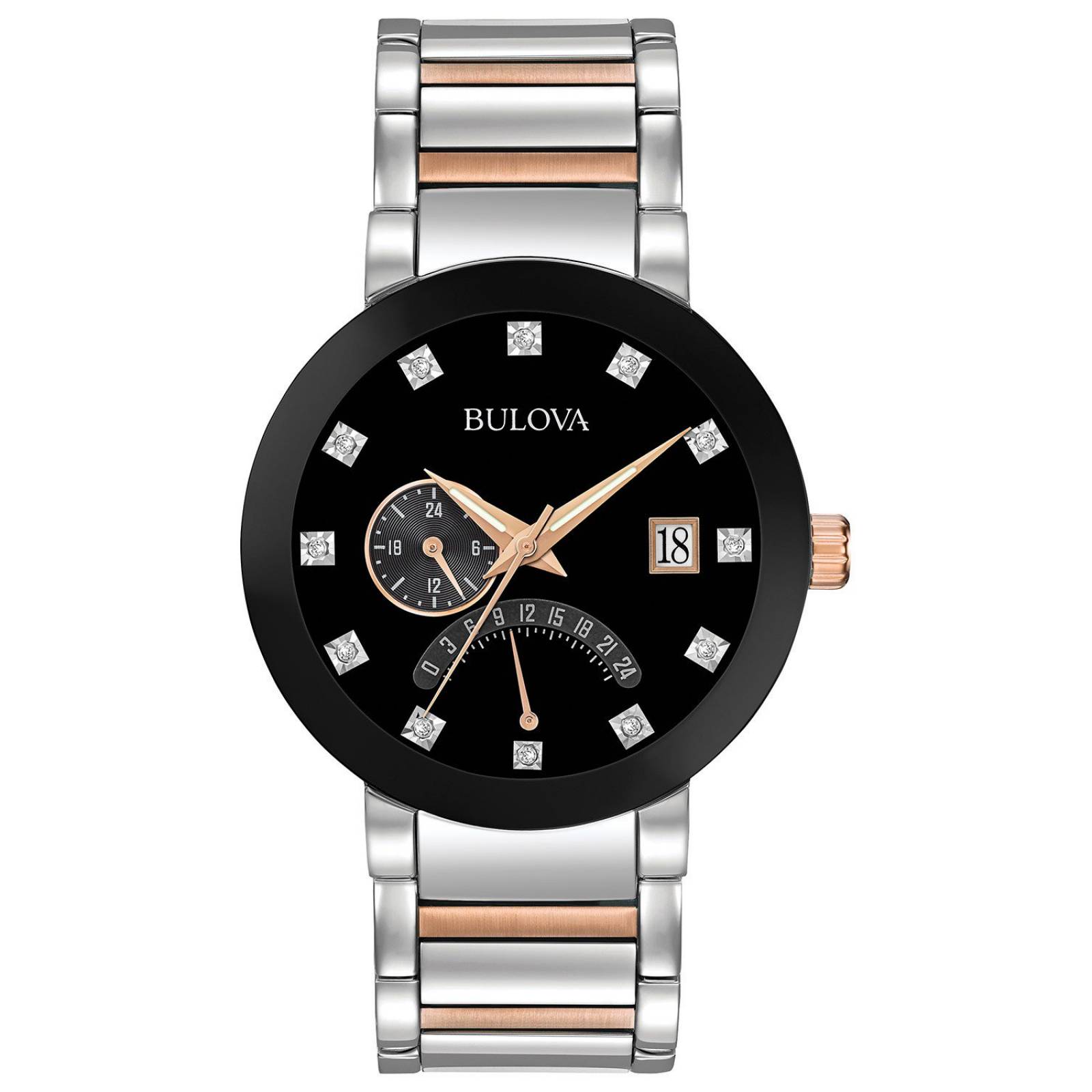 RELOJ BULOVA CAJA/BRAZ/ACE.INOX. 2 TONOS. PVD/D. CAR/N. CRIS/CURVO. TAP/ATOR. BRO/DESP. FECH. R-A-30M