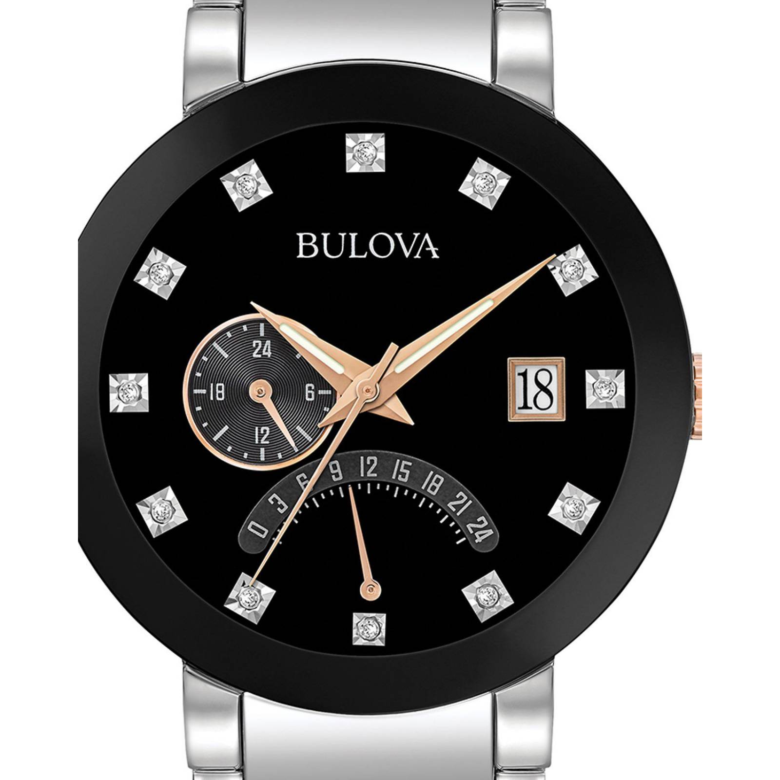 RELOJ BULOVA CAJA/BRAZ/ACE.INOX. 2 TONOS. PVD/D. CAR/N. CRIS/CURVO. TAP/ATOR. BRO/DESP. FECH. R-A-30M