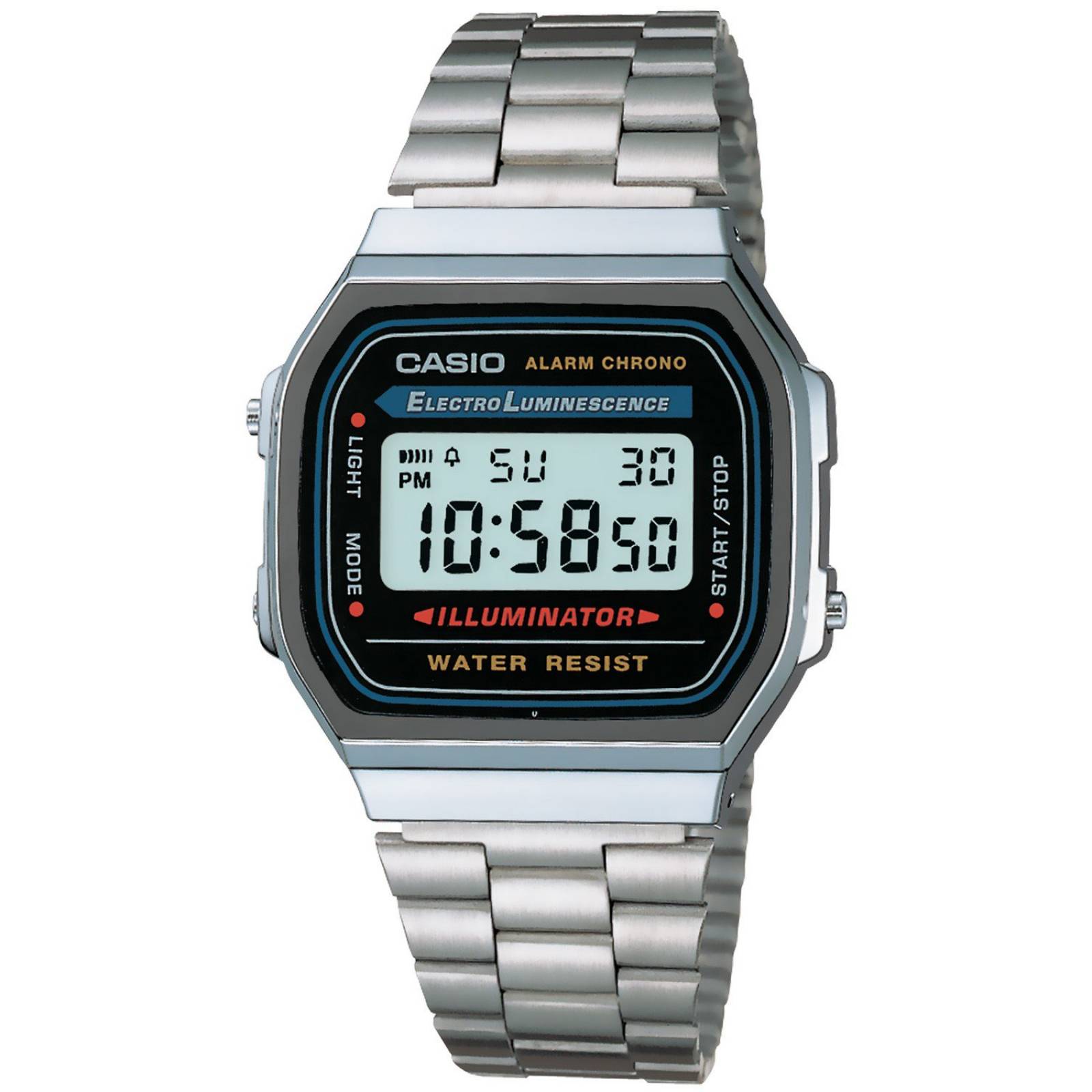 RELOJ CASIO VINTAGE CRONO DE 1/100 SEG, ALARMA,  RESIS AL AGUA Y BANDA DE ACE INOX