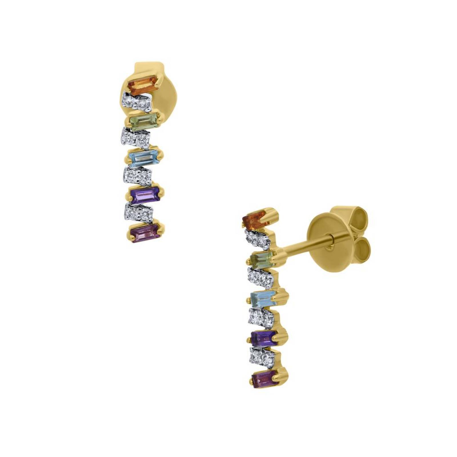Aretes BIZZARRO de Oro Amarillo 14K con 8 Pts de Diamante (Baguette) y Piedras de Color (GH I1I2 