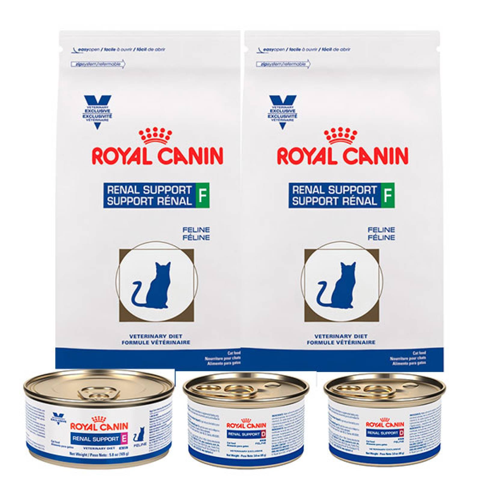 Royal canin Dieta Veterinaria Paquete de alimento para Gato 2 Bultos de Soporte Renal F 3 Kg c/u + 1 Lata de Alimento humedo Soporte Renal E 85 gr + 2 Latas de Alimento humedo Soporte Renal D mig 165 gr