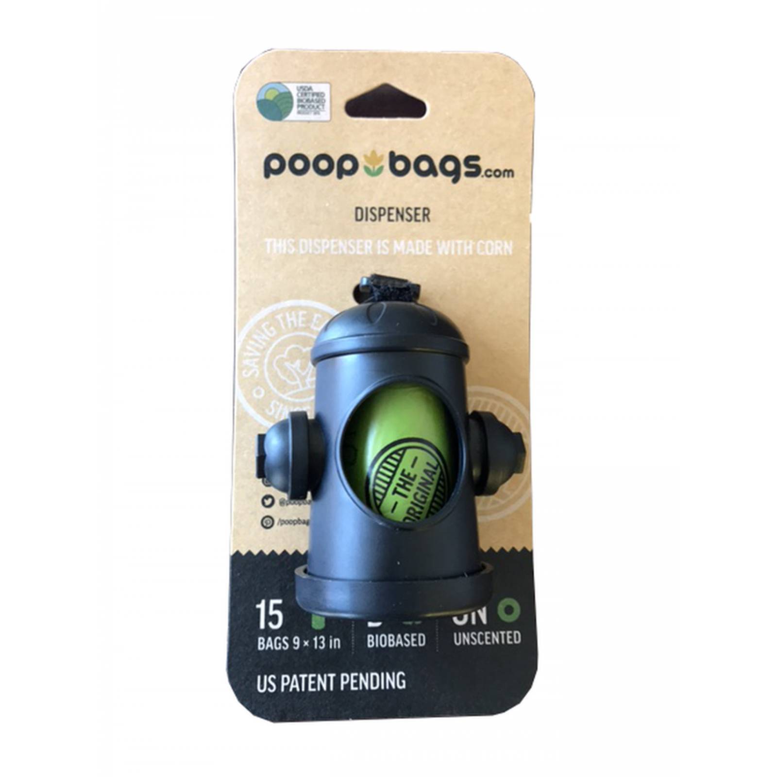 Poop Bags Hidrante Dispensador de bolsas para desechos de perros, material reciclado. Incluye 15 bolsas.