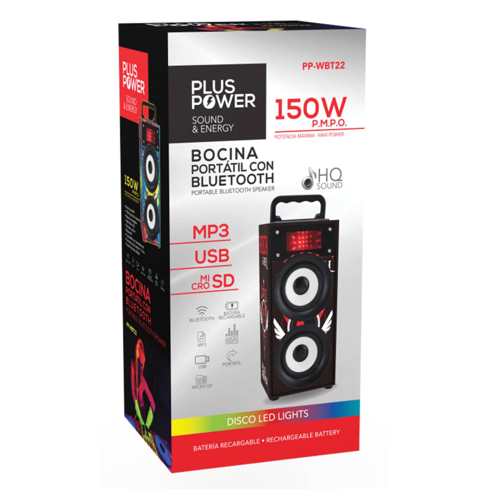 Bocina Bluetooth Portatil 150w Luces Led Usb Mp3 Recargable