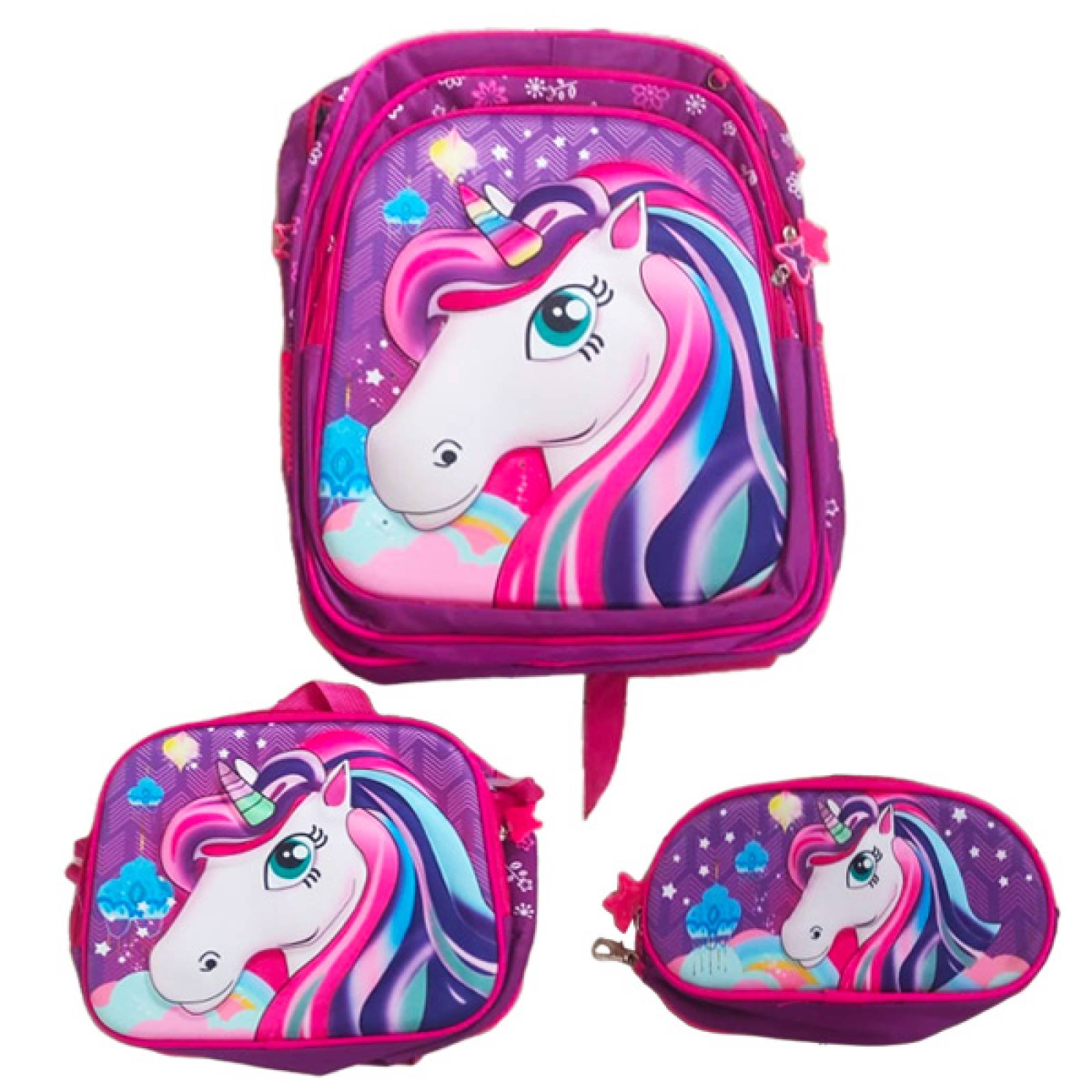 Mochila Escolar 3 pz mochila led 16 pulgadas, lonchera y lapicera Unicornio