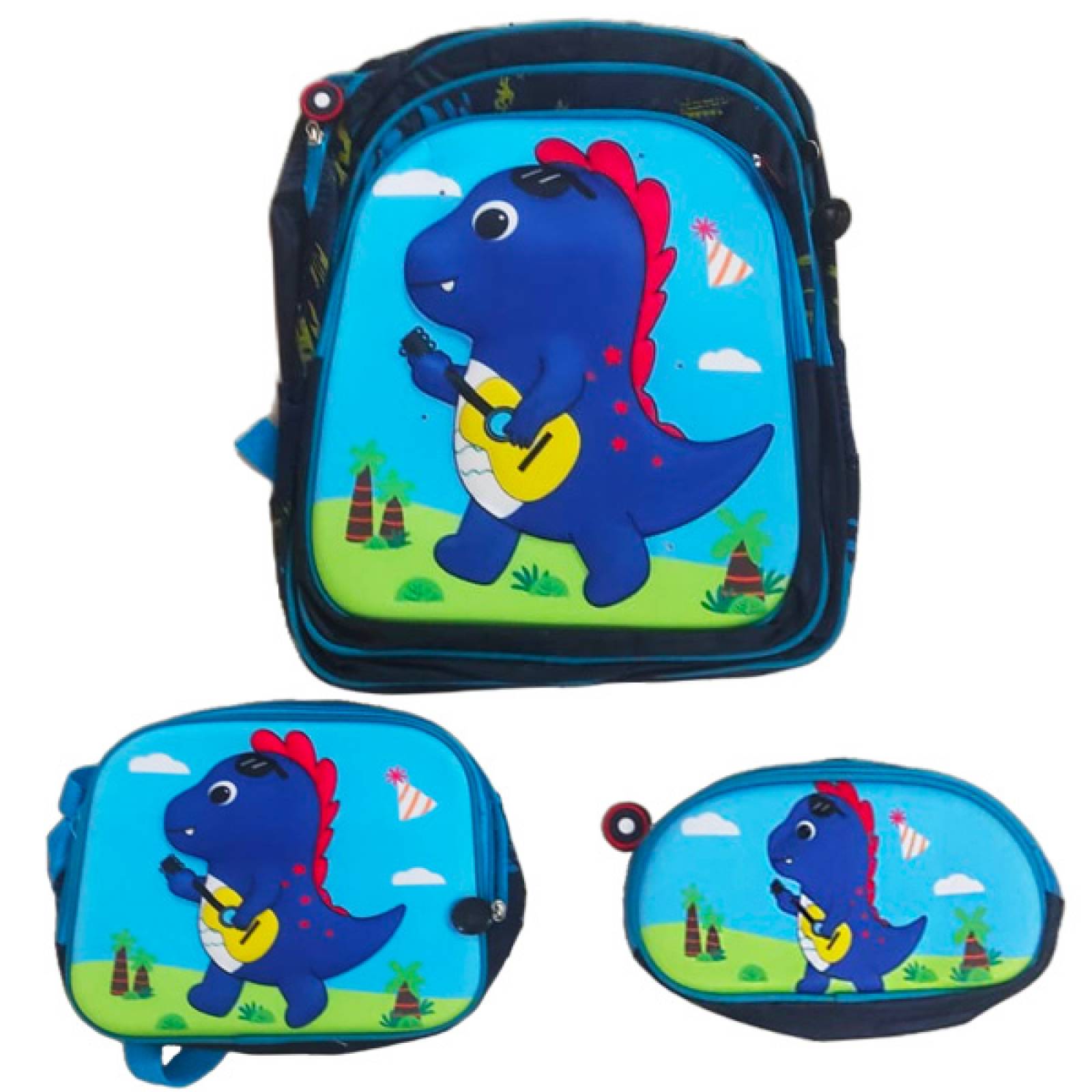 Mochila Escolar 3 pz mochila led 16 pulgadas, lonchera y lapicera Dinosaurio