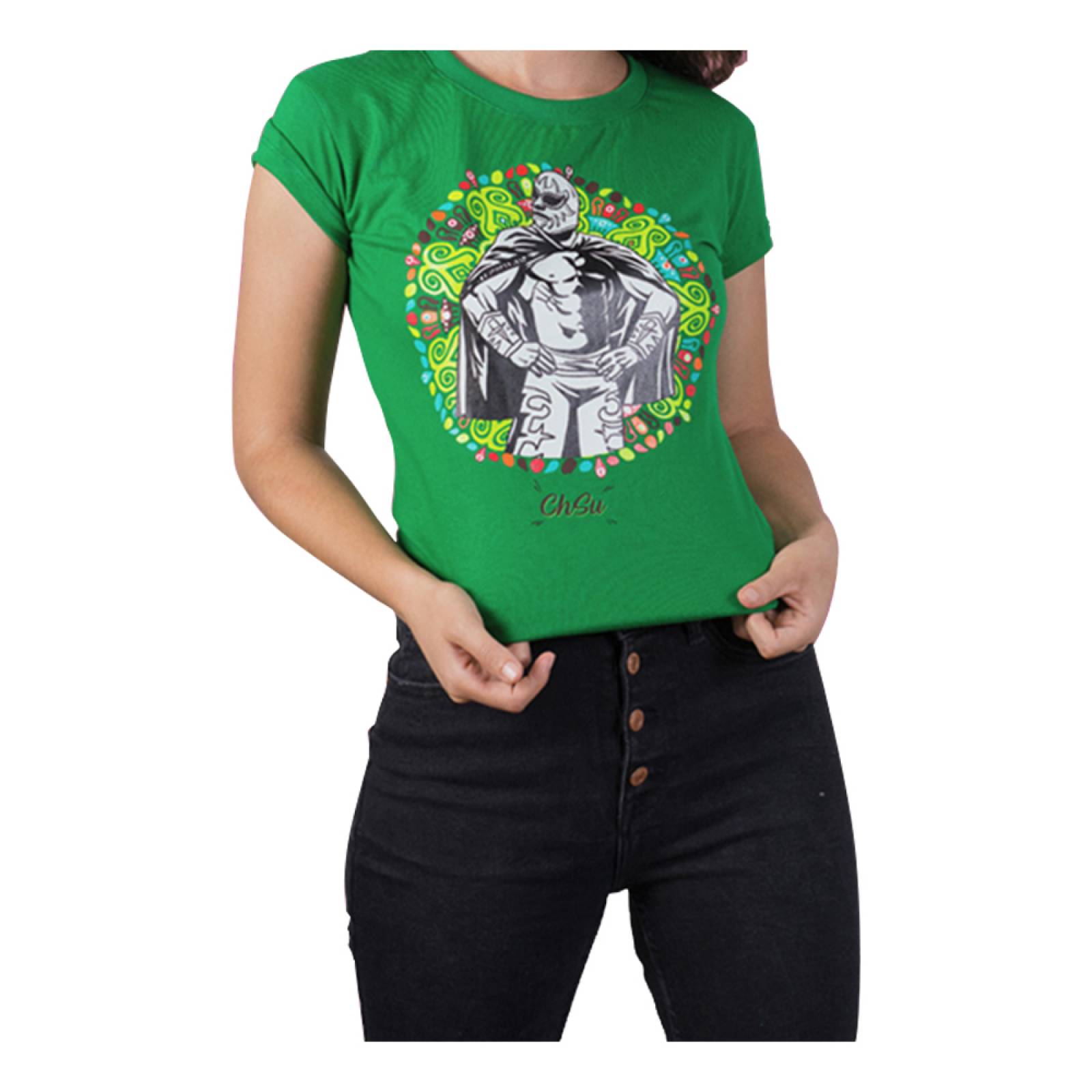 Playera Luchador Estampado Poliester Algodon Verde Dama L Chinguesu!