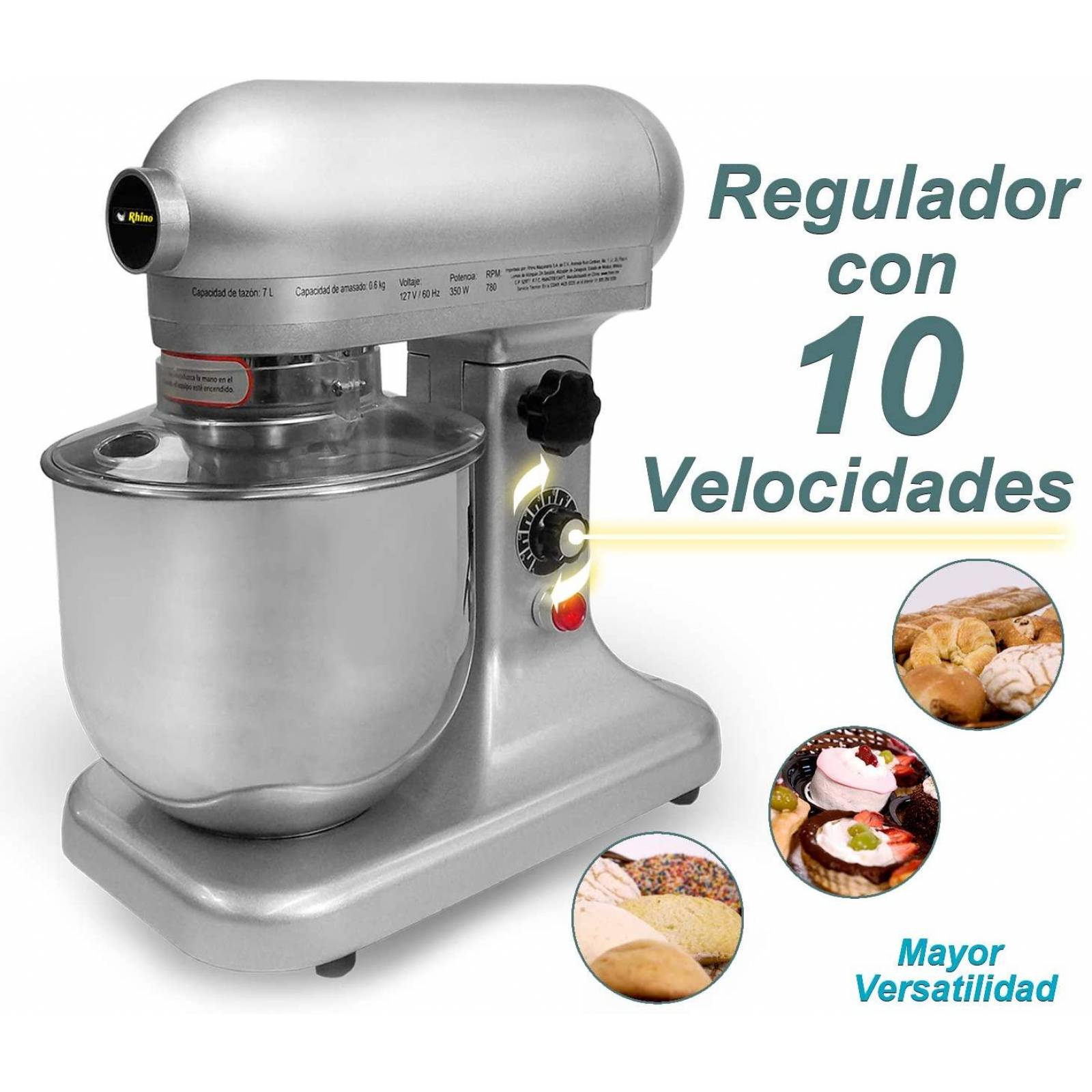 Batidora de pedestal industrial 7lt Rhino BATI-7 plata 127 V 
