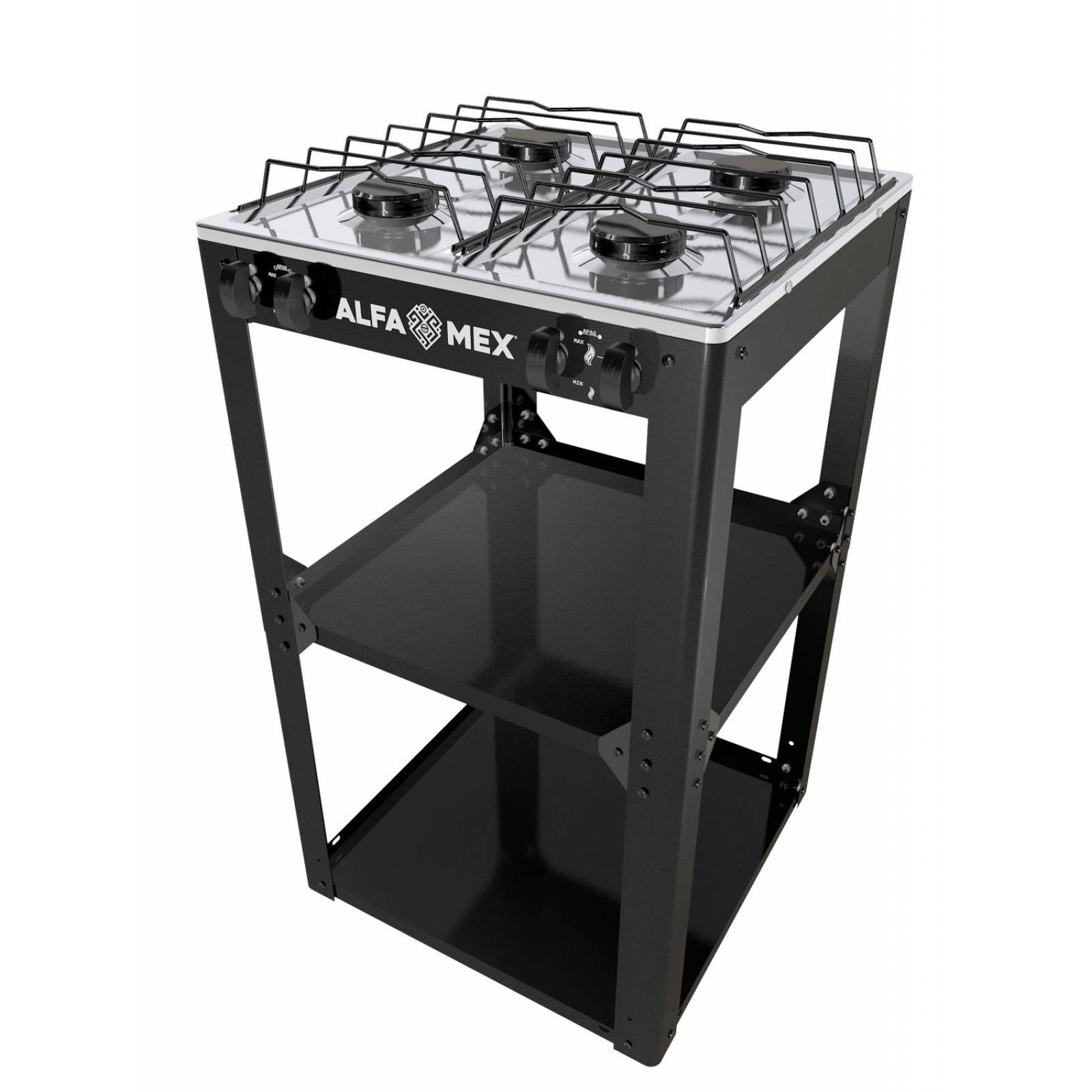 Parrilla de gas 4 quemadores con estante armable y cubierta de acero inoxidable