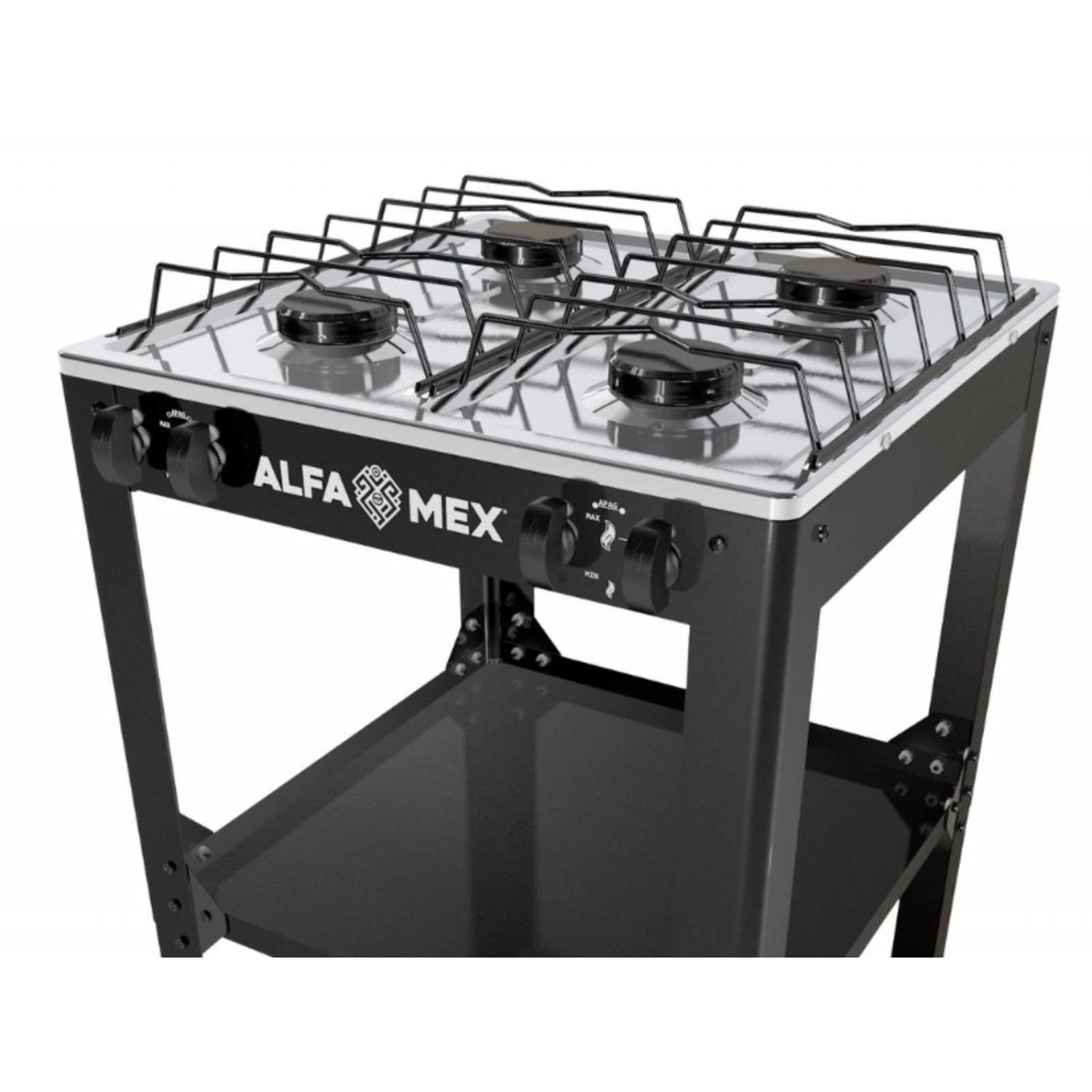 Parrilla de gas 4 quemadores con estante armable y cubierta de acero inoxidable