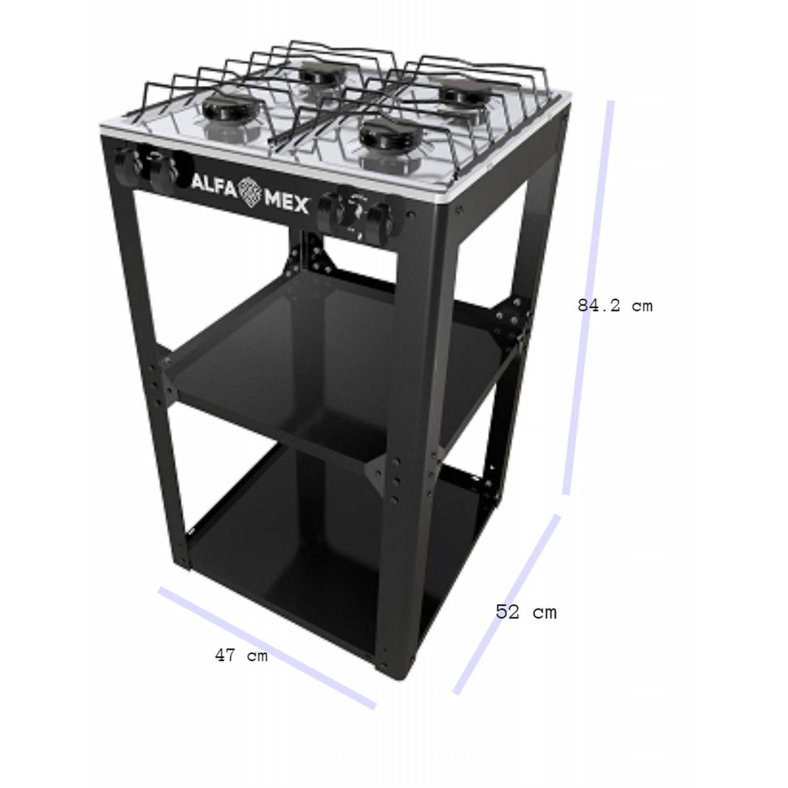 Parrilla de gas 4 quemadores con estante armable y cubierta de acero inoxidable