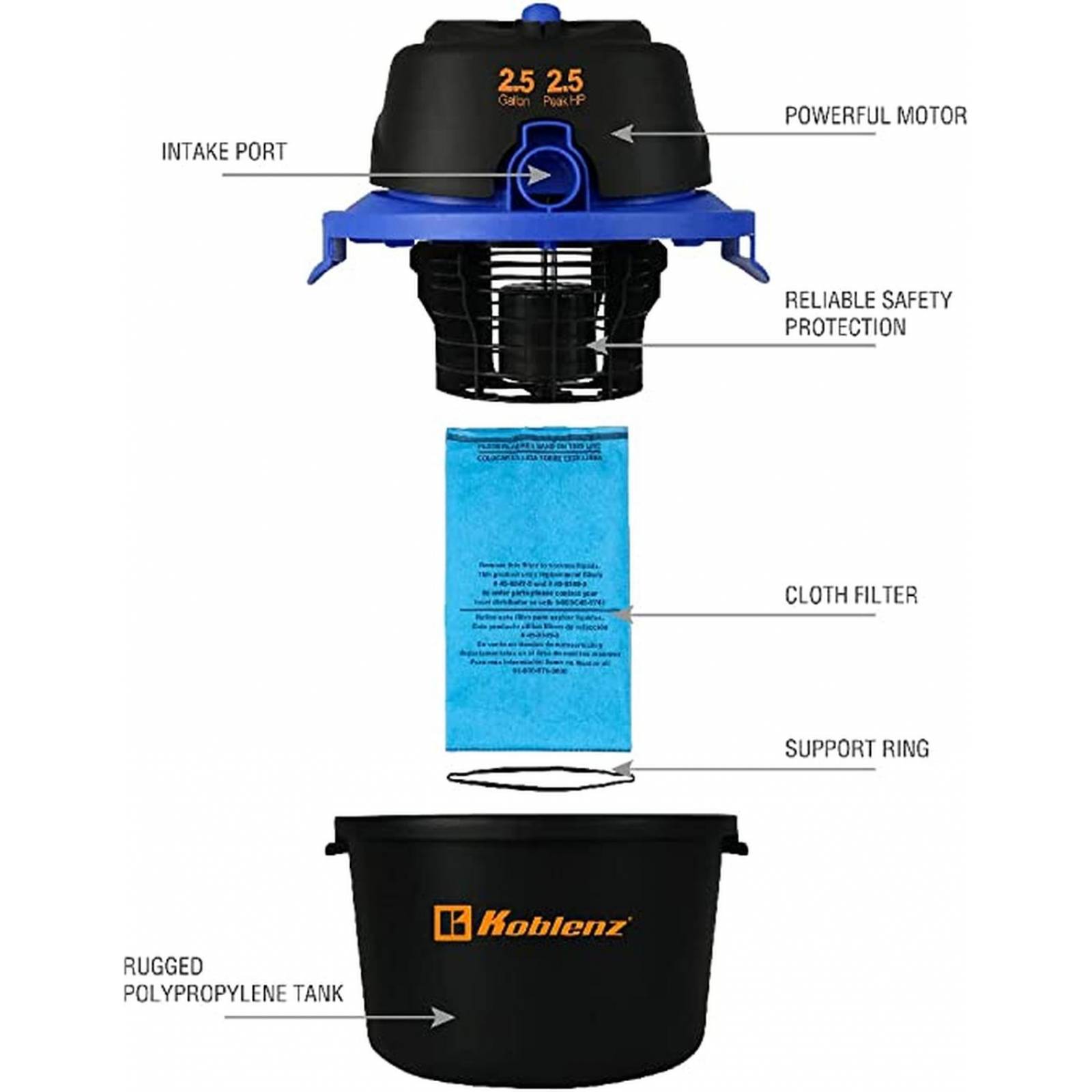Aspiradora Koblenz Seco-mojado Wd-2.5k 2.5 Gal con Repuestos 