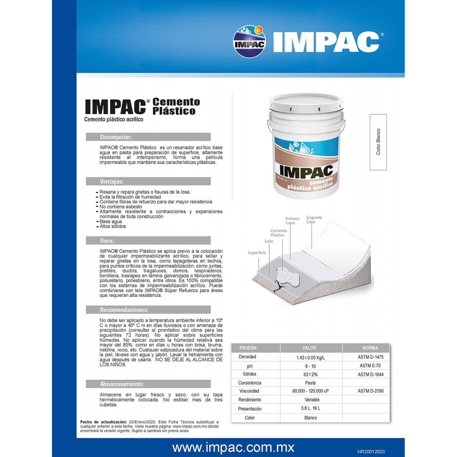 IMPAC Cemento Plástico Acrílico Blanco 19 Lts/ Cubeta 