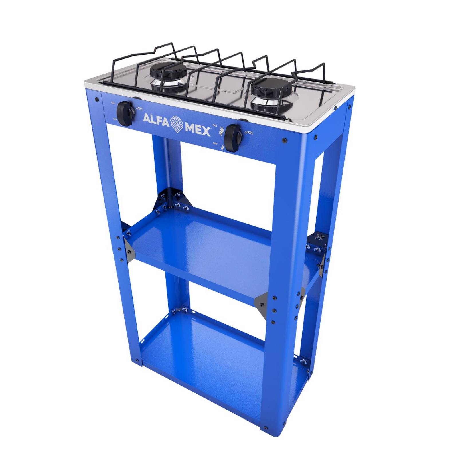 Parrilla de gas 2 quemadores con estante armable y cubierta de acero inoxidable 