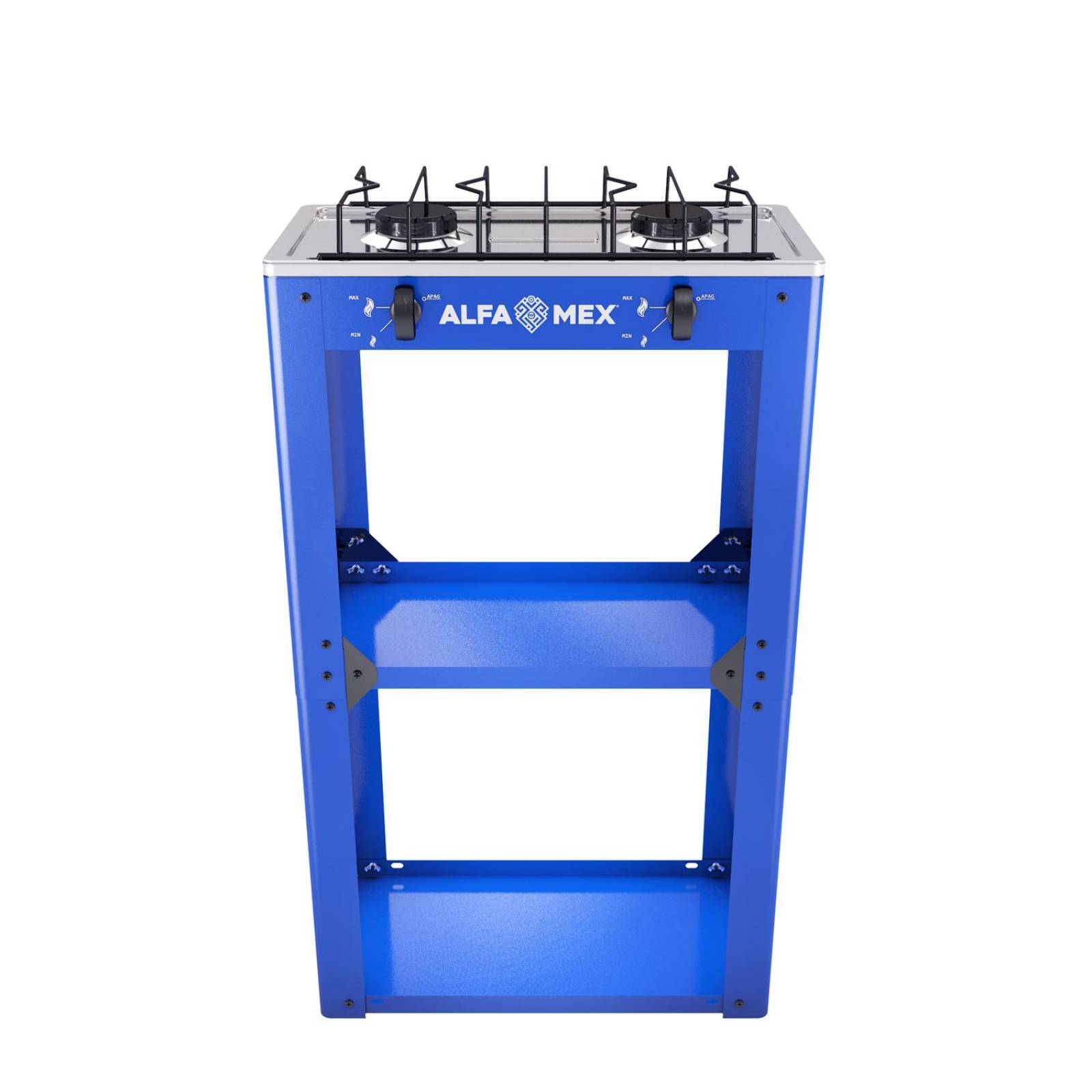 Parrilla de gas 2 quemadores con estante armable y cubierta de acero inoxidable 