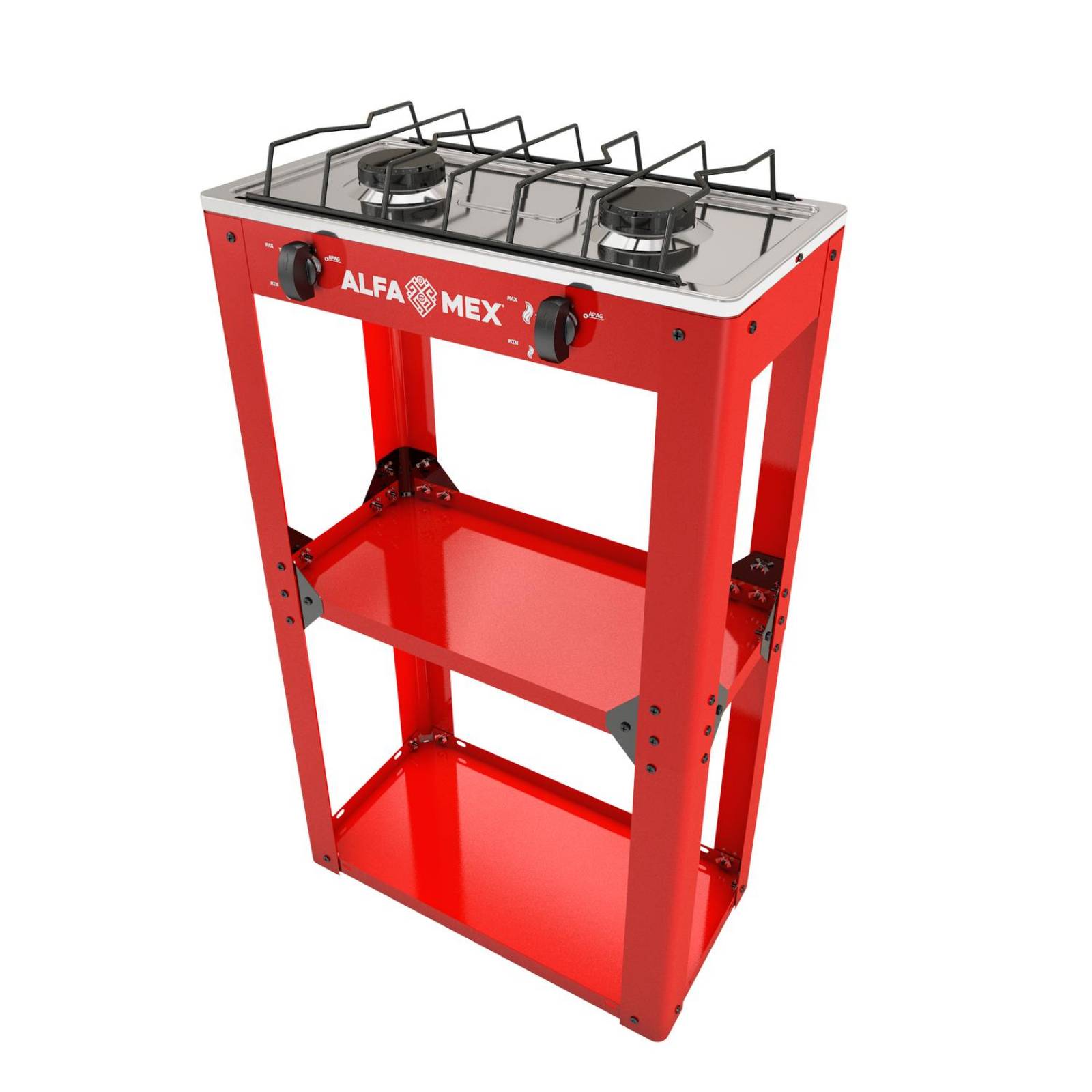 Parrilla de gas 2 quemadores con estante armable y cubierta de acero inoxidable 