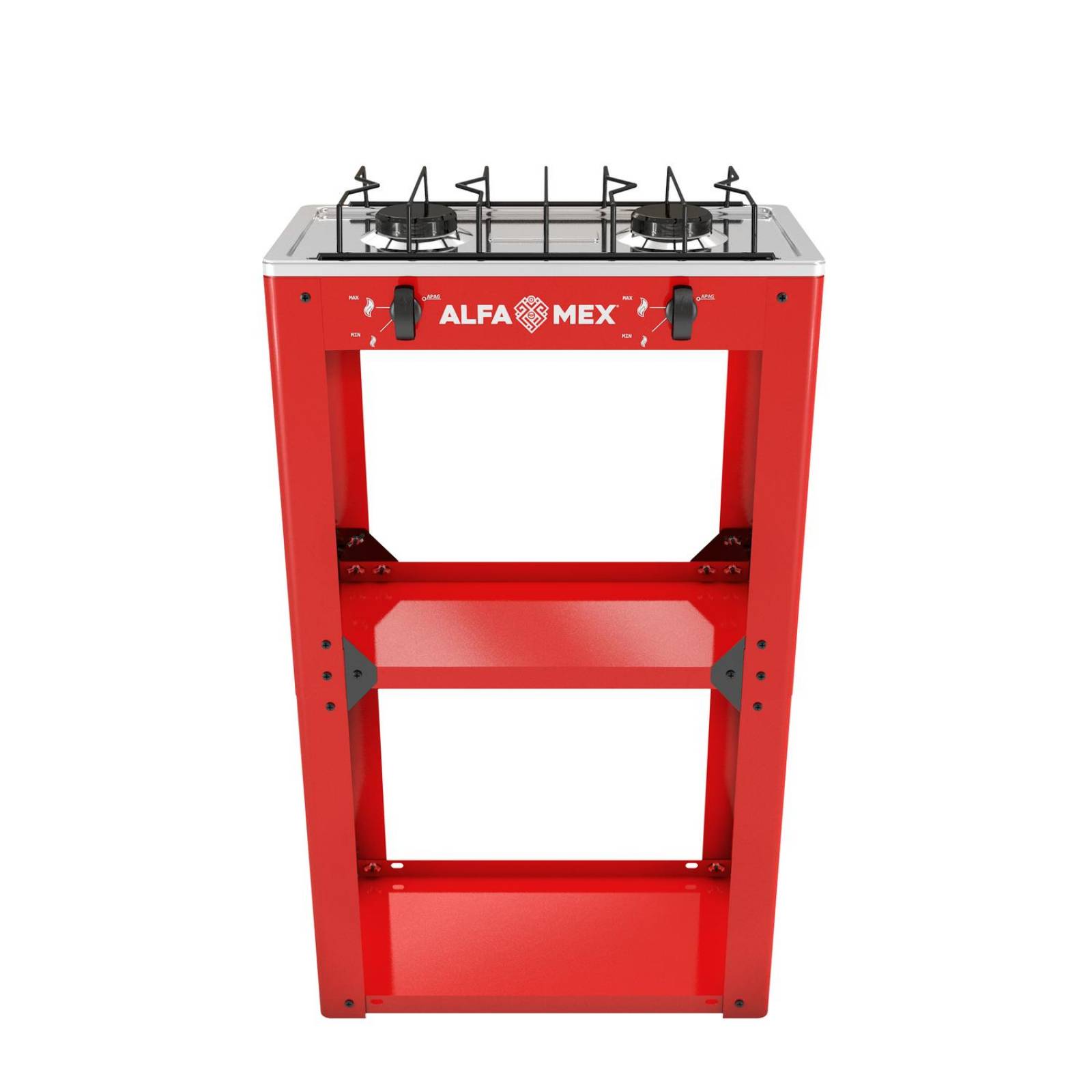 Parrilla de gas 2 quemadores con estante armable y cubierta de acero inoxidable 