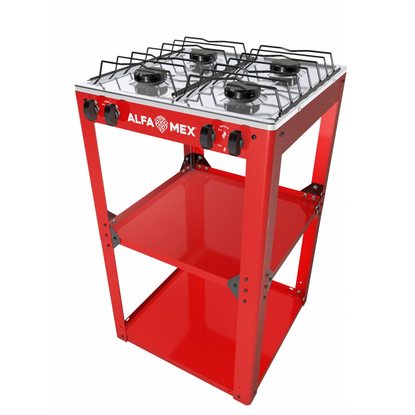 Parrilla de gas 4 quemadores con estante armable y cubierta de acero inoxidable 