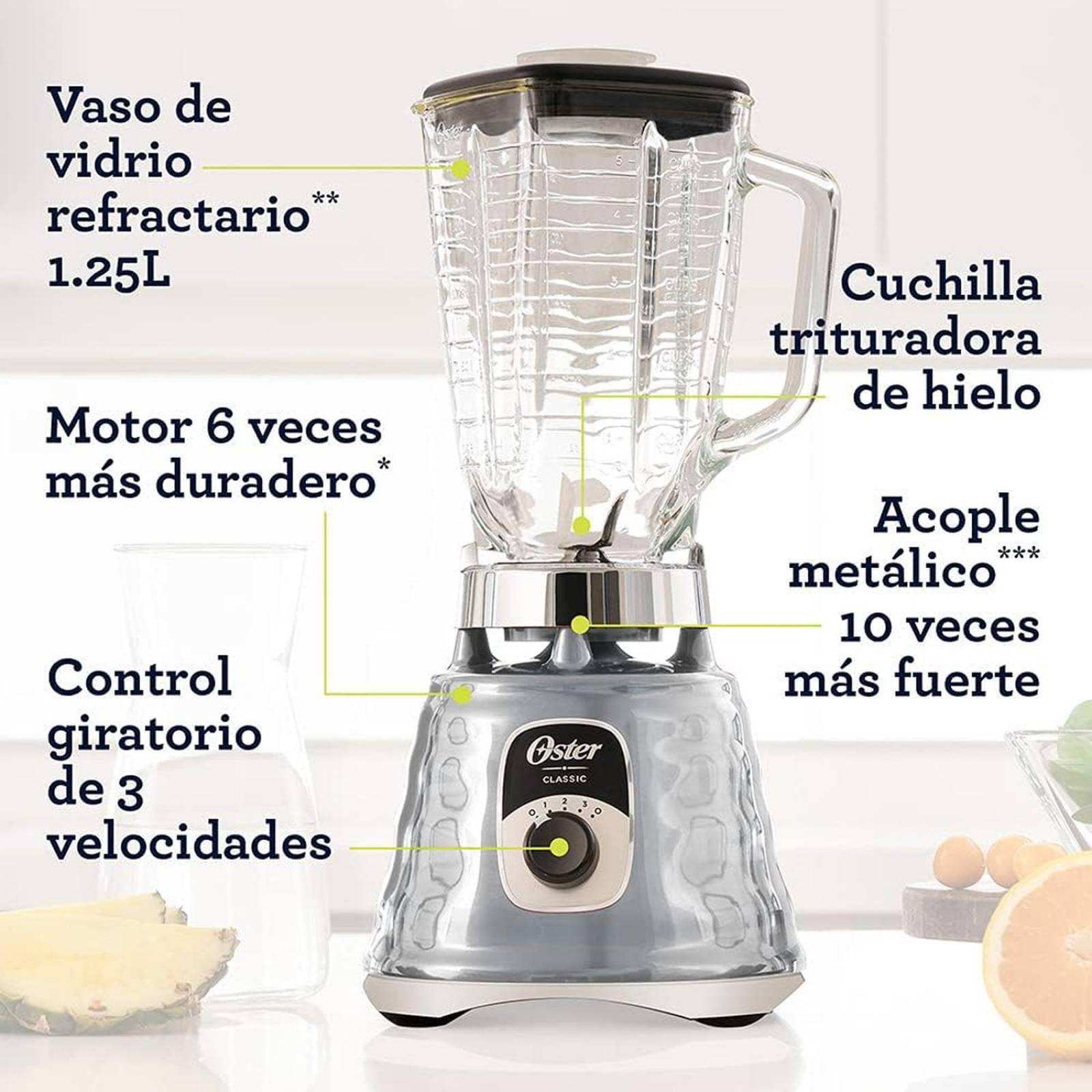 Oster Licuadora Clásica Cromada, con Perilla Ergonómica, de 3 Velocidades, Color Cromo 