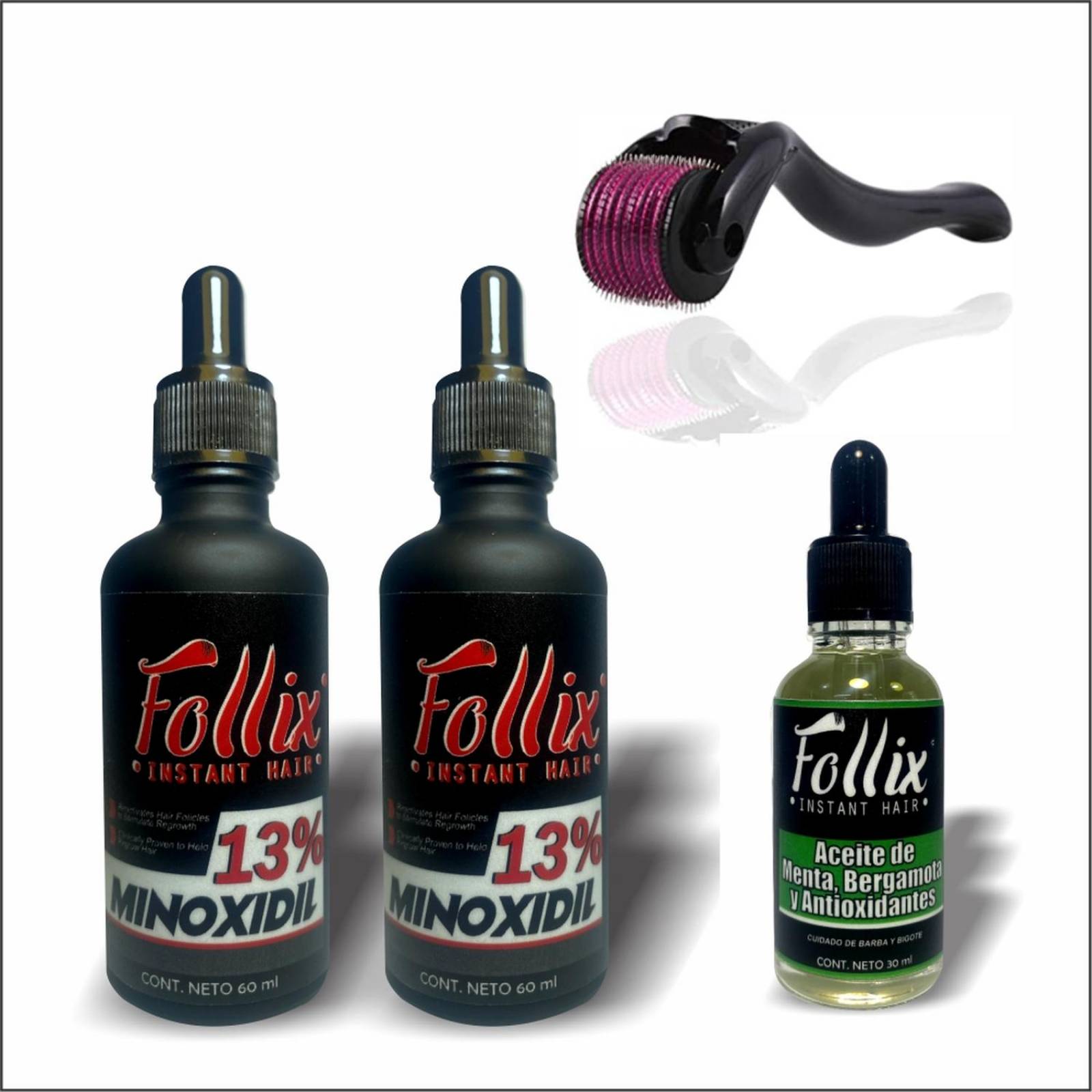 Kit Crecimiento De Barba Con 2 Minoxidil Al 13%, 1 Aceite De Bergamota + 1 Dermaroller 
