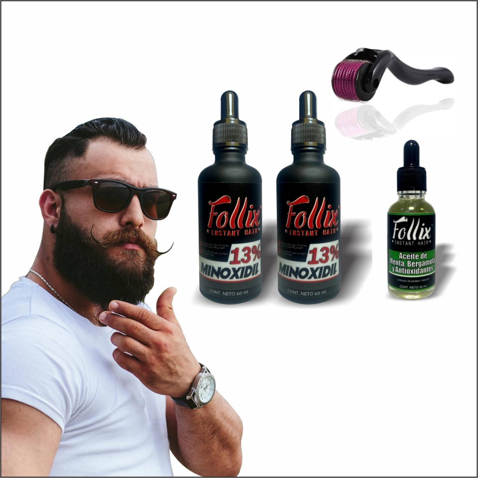 Kit Crecimiento De Barba Con 2 Minoxidil Al 13%, 1 Aceite De Bergamota + 1 Dermaroller 