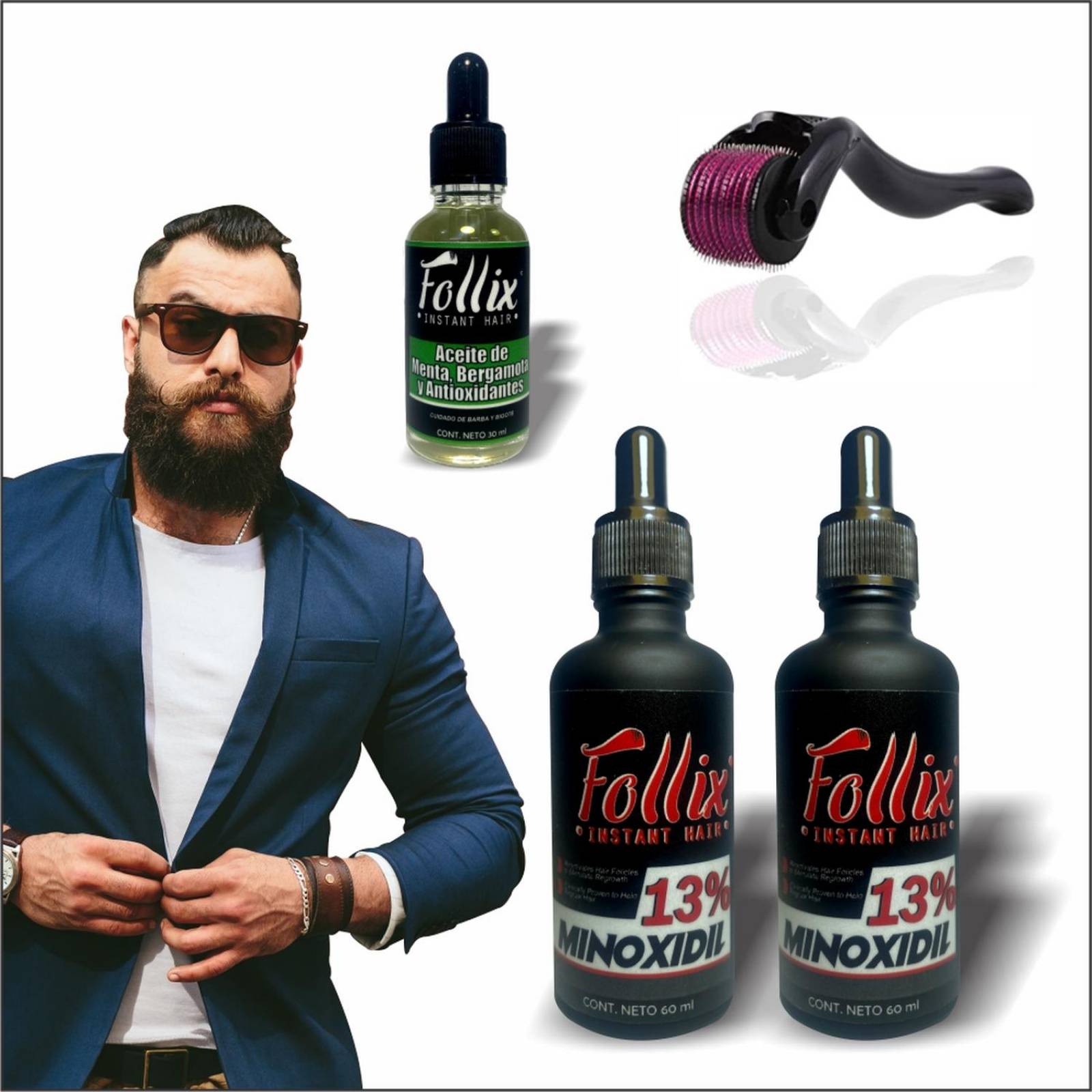 Kit Crecimiento De Barba Con 2 Minoxidil Al 13%, 1 Aceite De Bergamota + 1 Dermaroller 