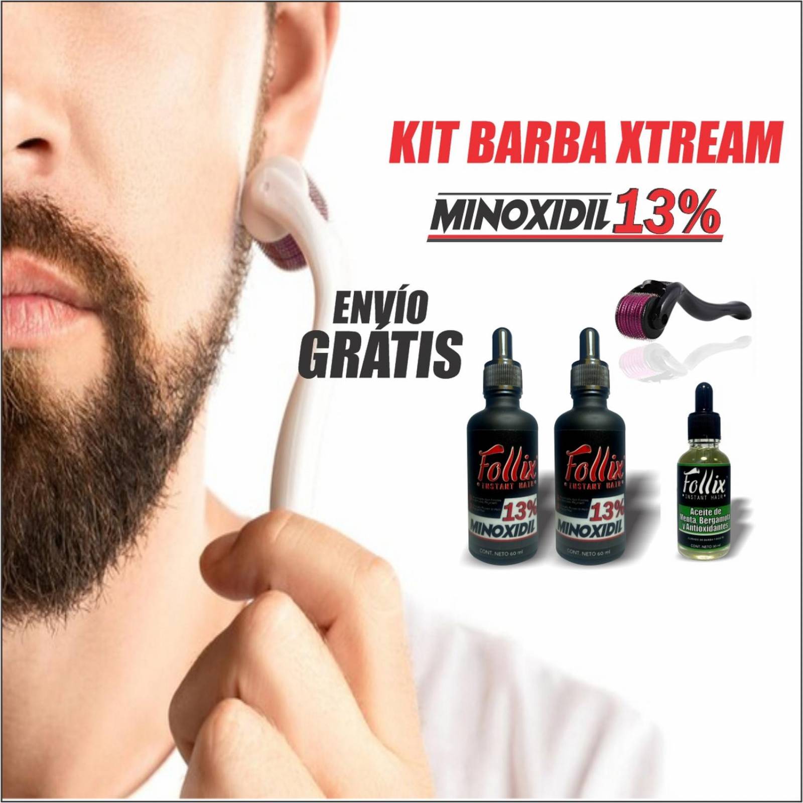 Kit Crecimiento De Barba Con 2 Minoxidil Al 13%, 1 Aceite De Bergamota + 1 Dermaroller 