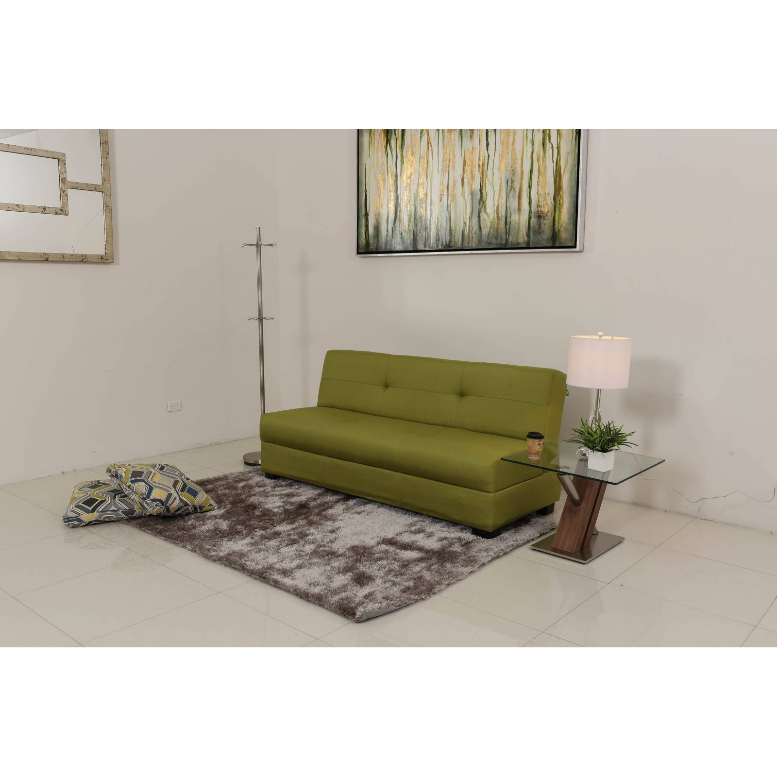 Sofa Cama Eco Con Base Metal-madera Tapizado Tela color verde