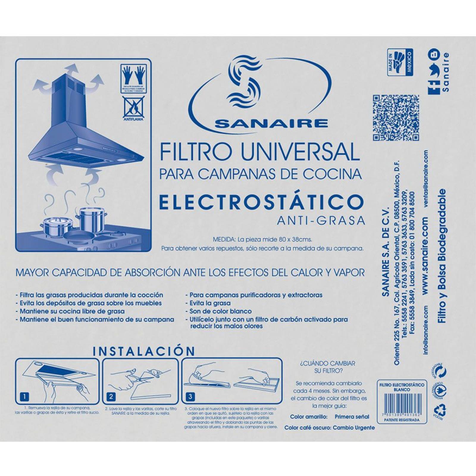 Filtro electrostatico universal blanco 3pzs sanaire