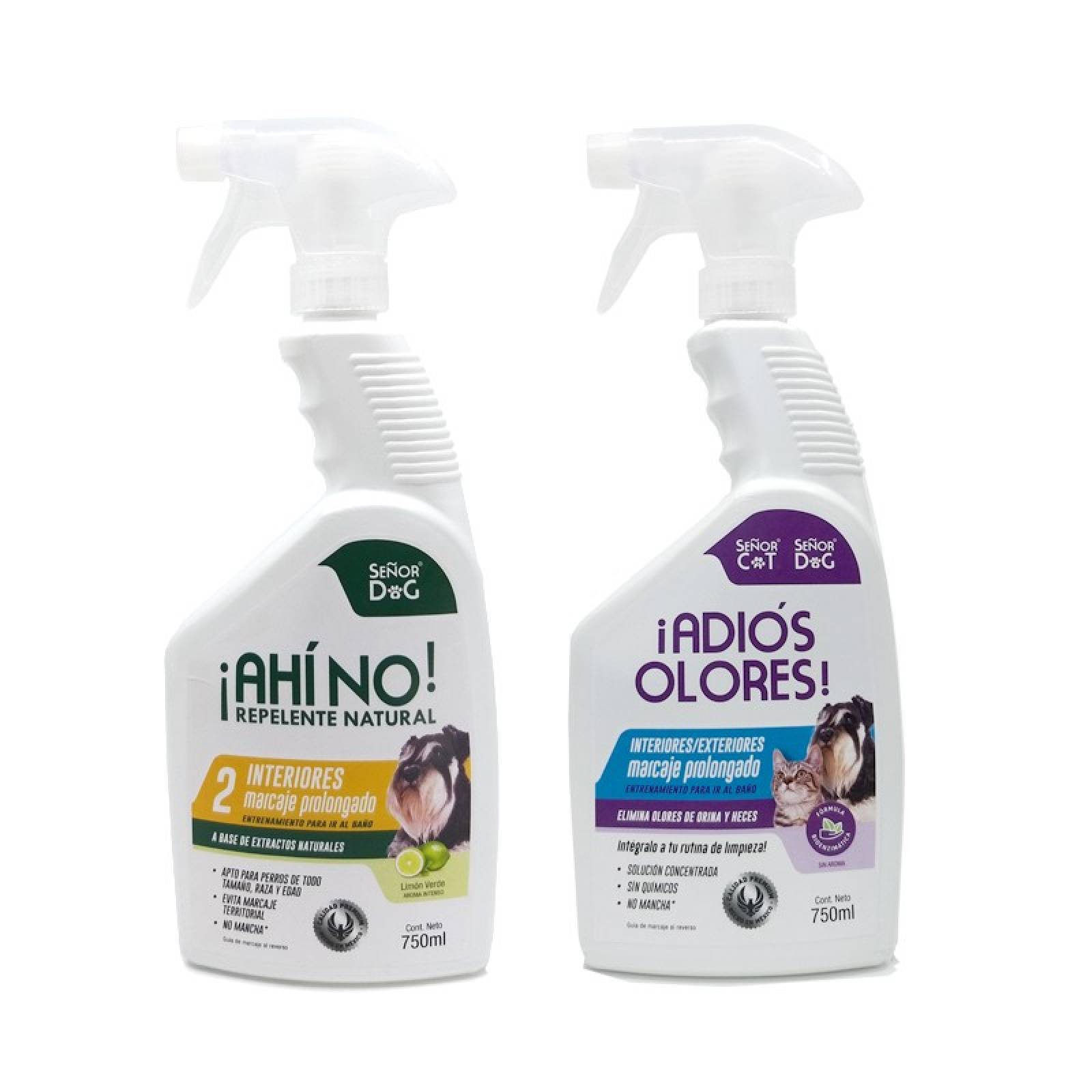 Señor Dog® ¡Ahí No! Nivel 2 Interiores. Entrenamiento para ir al baño. Repelente natural de perros 750ml + ¡Adiós Olores! 750ml