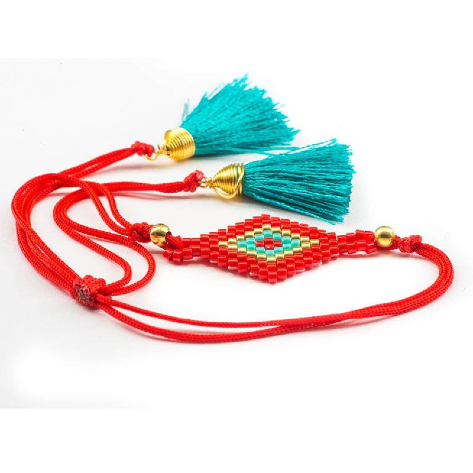 PULSERA HUICHOL 2 POMPONES ROMBO CHAQUIRA MULTICOLOR