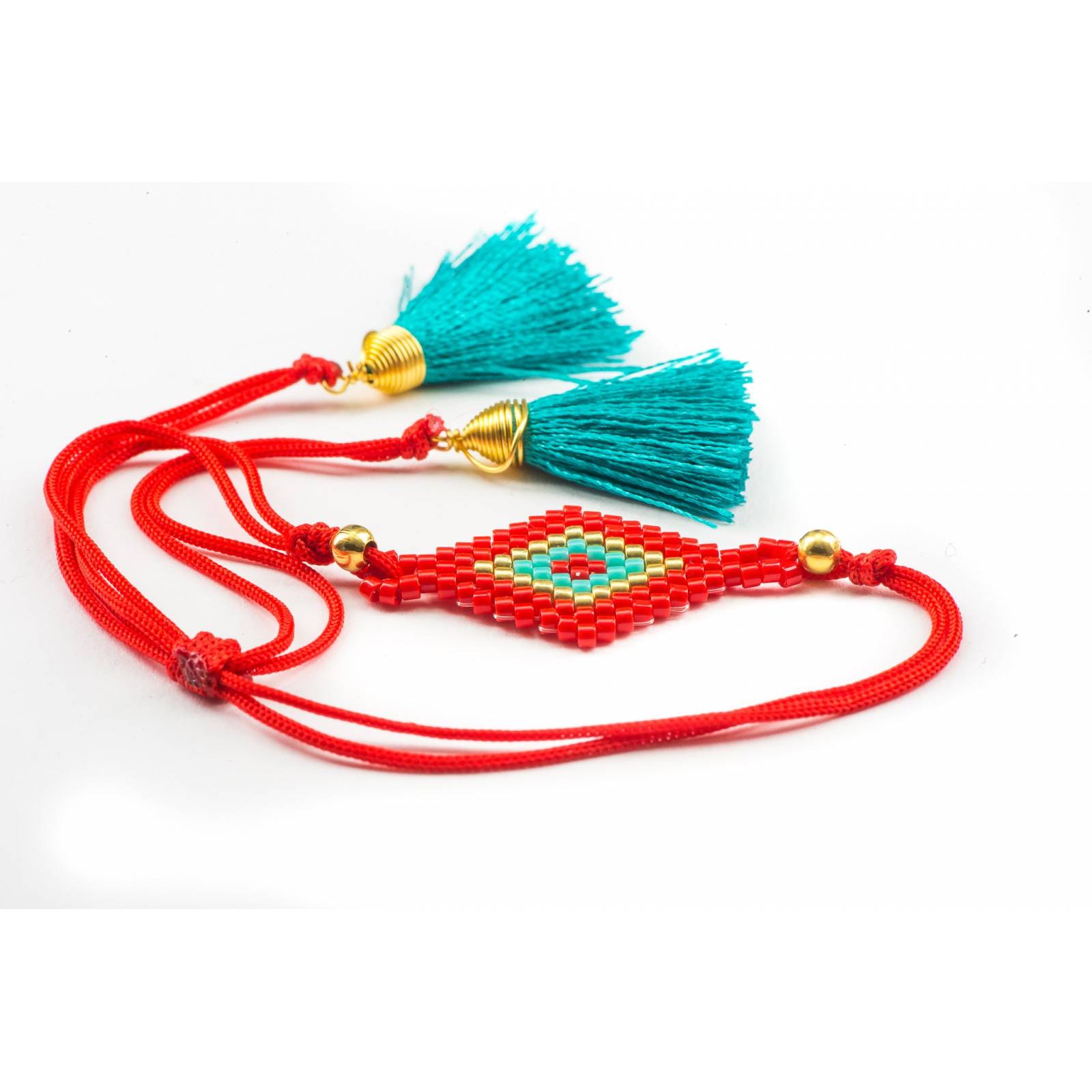 PULSERA HUICHOL 2 POMPONES ROMBO CHAQUIRA MULTICOLOR