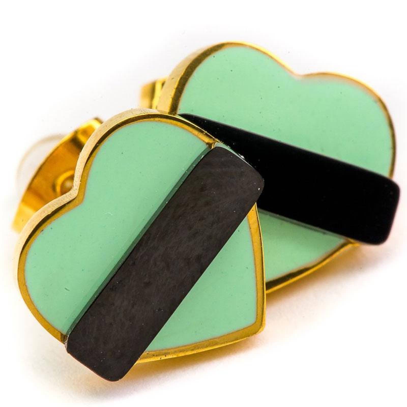 JUEGO DE ACERO COLLAR Y ARETES CORAZON MENTA C/ RAYA NEGRA EN MEDIO