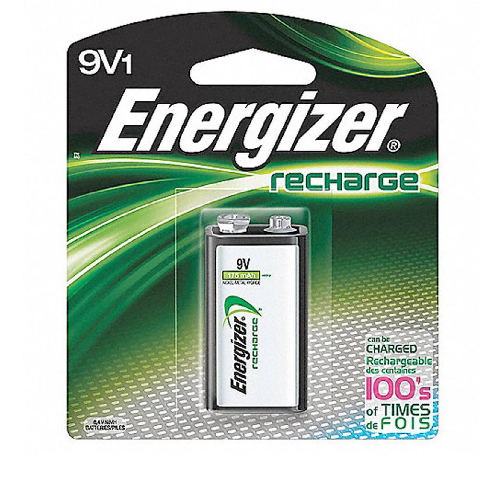 Pila recargable Energizer 9v blister de  Batería recargable tipo 9 v, voltaje 9 volts con capacidad de 175 mah composición de hidruro de níquel metálico (nimh) peso aproximado 42.0 gramos y volumen 22 centímetros cúbicos colores de la pila negro, gris y verde                                      1 pza                                    - ENERGIZER