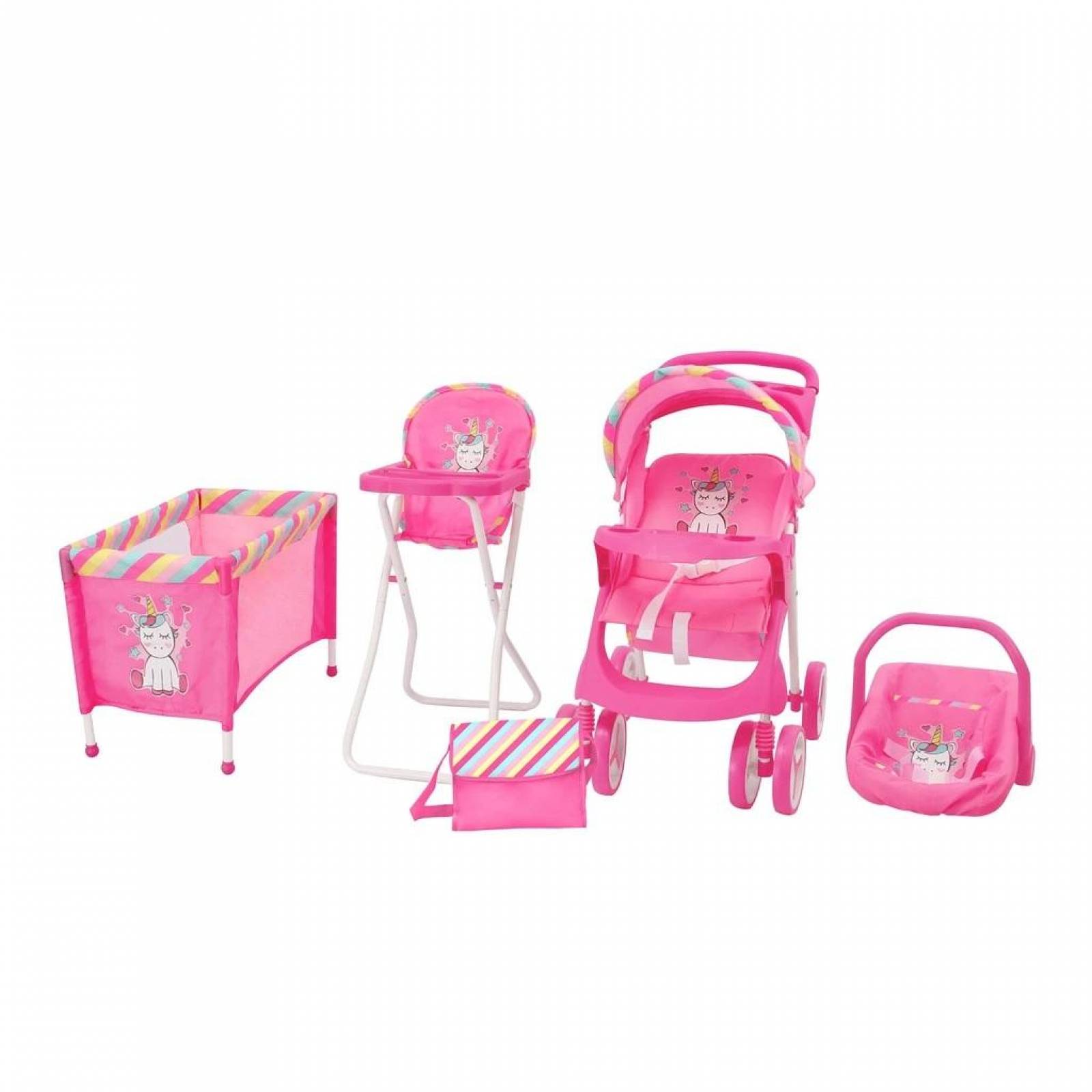 Combo Juguete Prinsel Carriola + Cuna + Portabebe Unicornio 