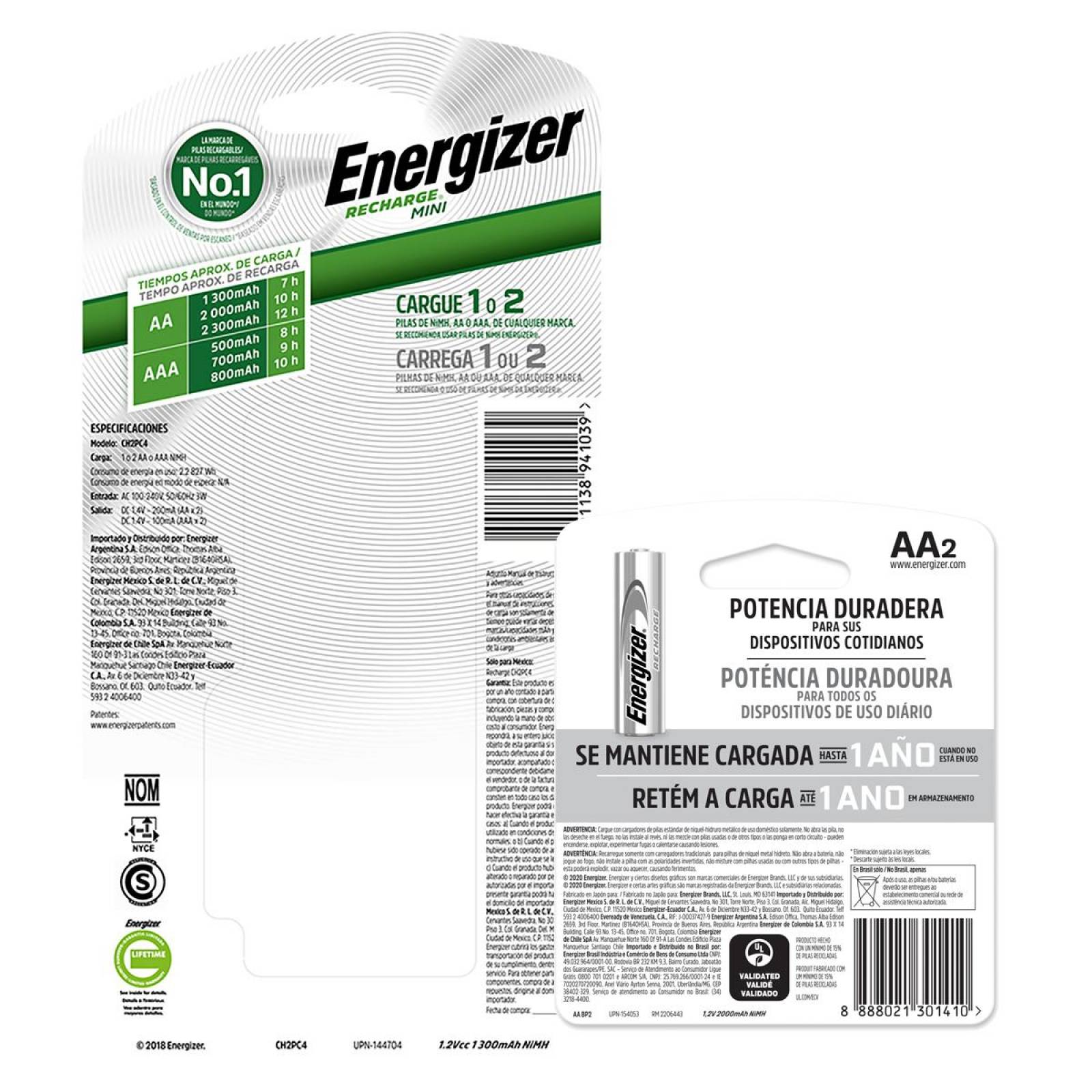 Cargador De Pilas Energizer Mini + 4 Pilas Recargables Aa