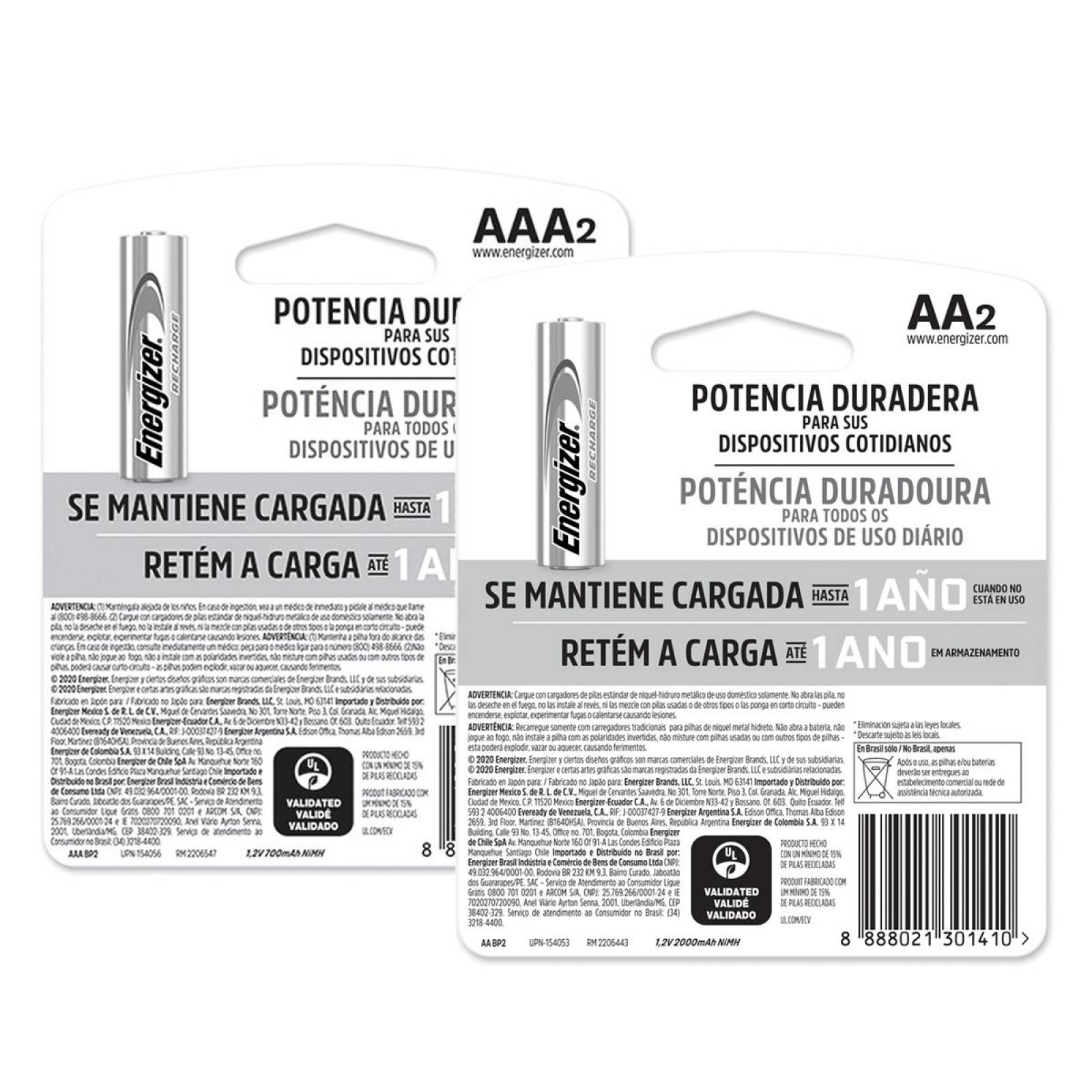 Pilas Recargables Energizer Aa 2 Unidades + Aaa 2 Unidades