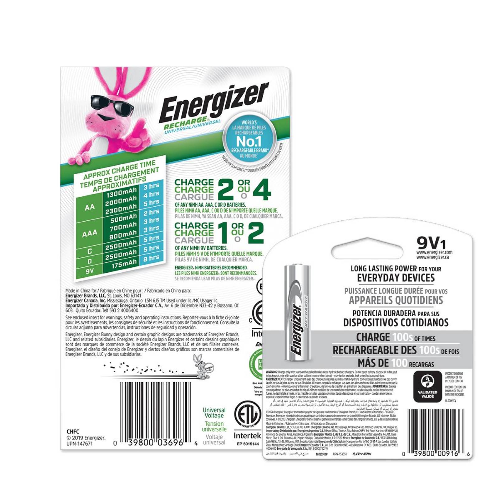 Cargador Universal De Pilas Energizer + 1 Pila 9v Recargable 