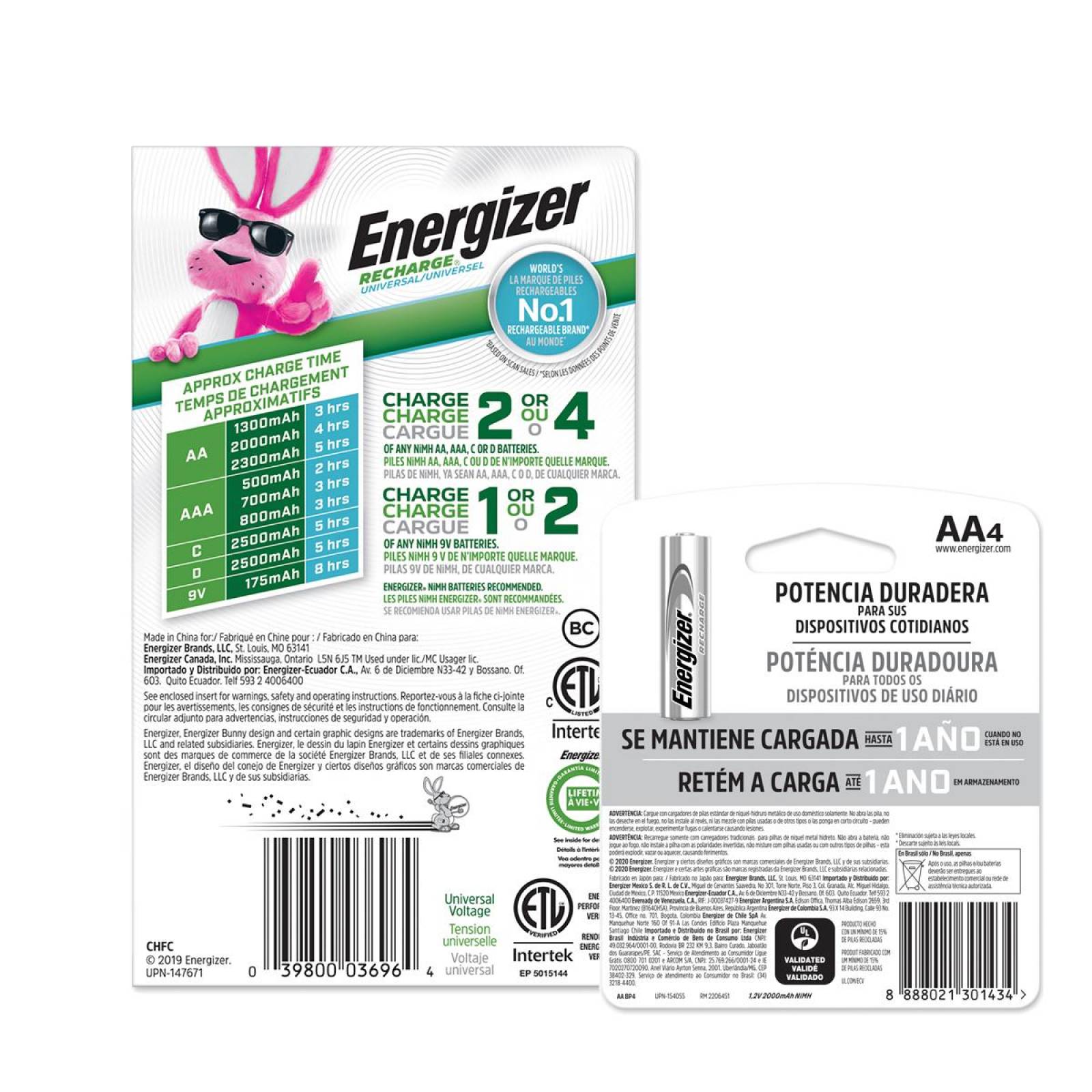 Cargador Universal Pilas Energizer + 4 Pilas Recargables Aa 