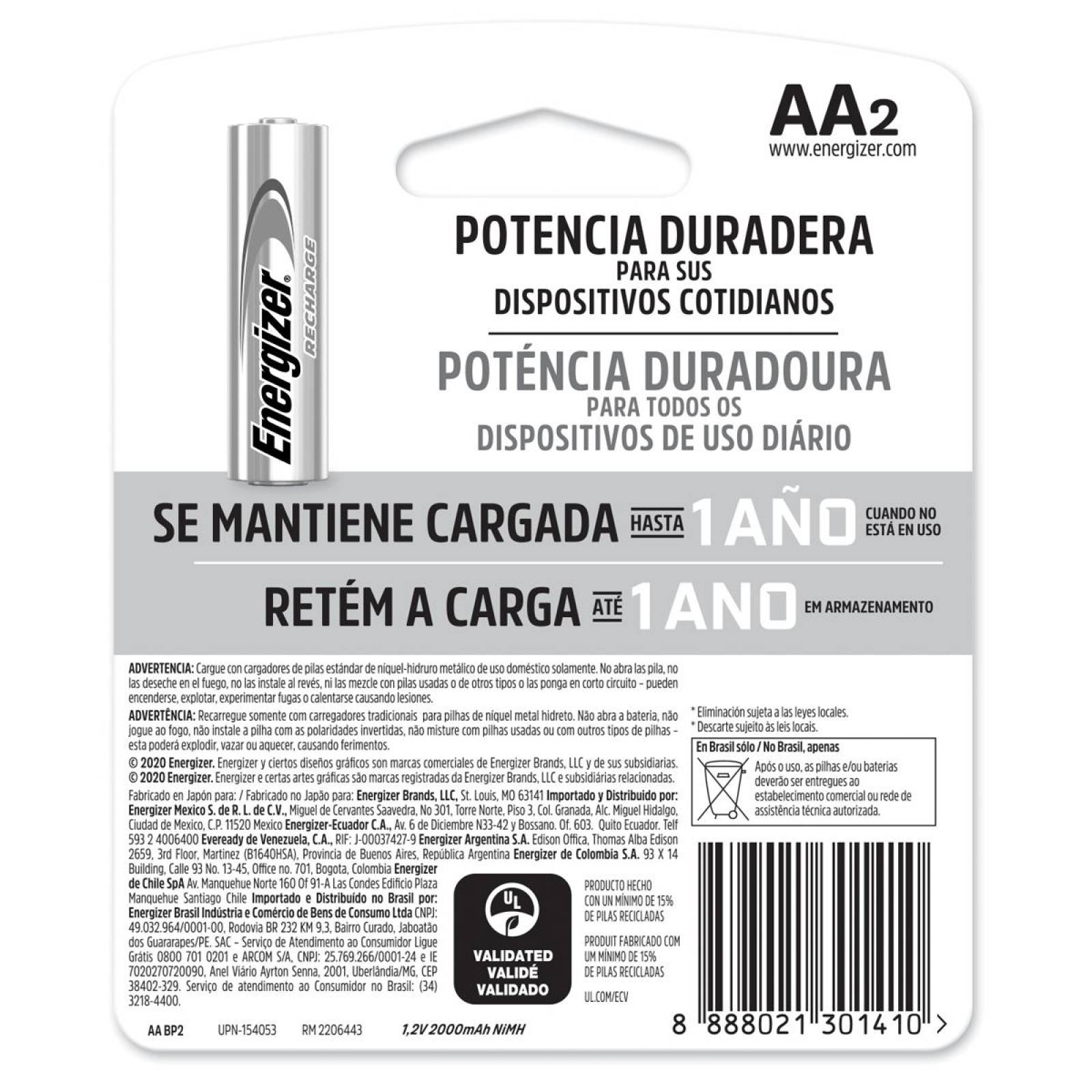 Pilas Recargables Energizer Aa 2000 Mah Blister 12 Unidades 