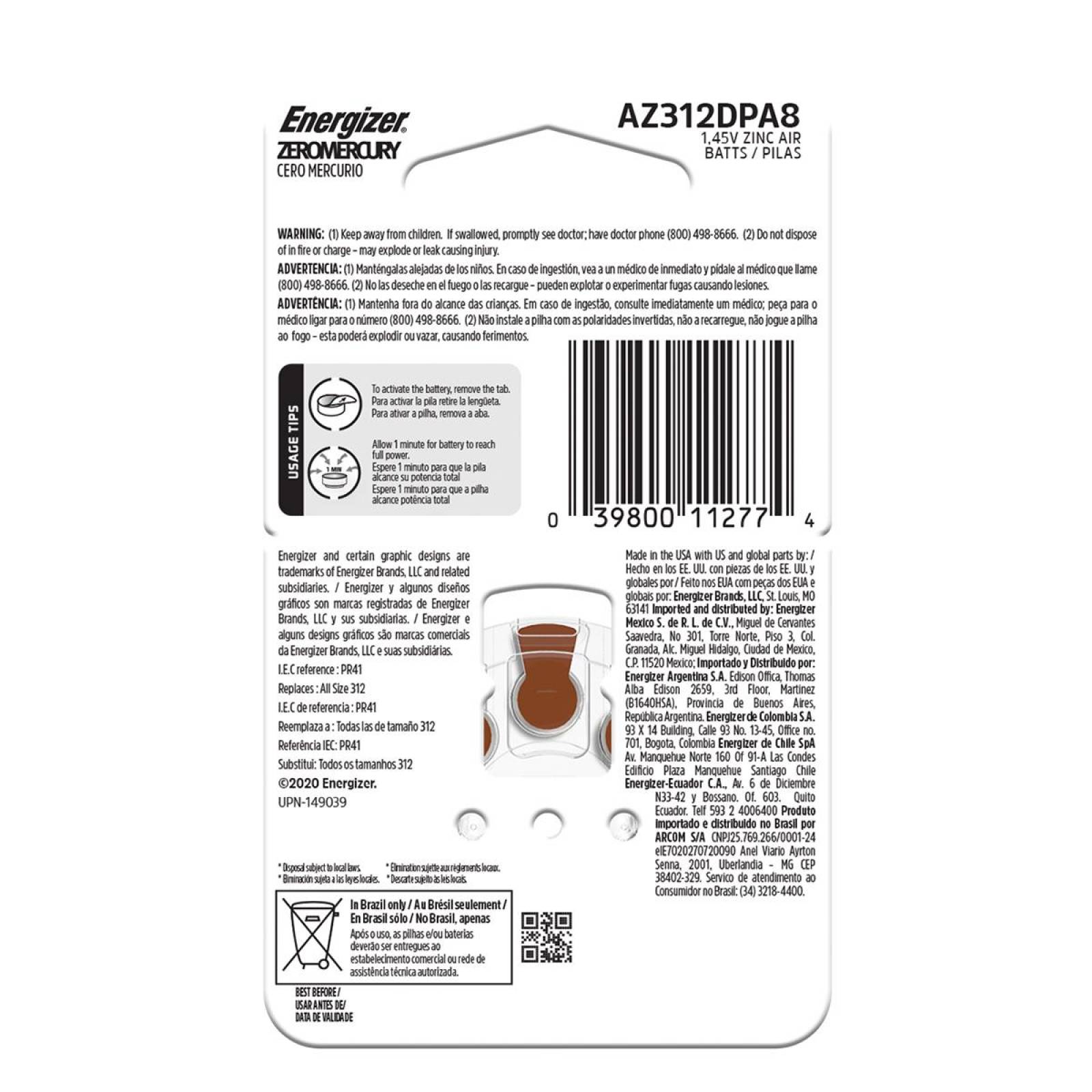 Pila Energizer Auditiva A312 Con 8 Pilas Botón 