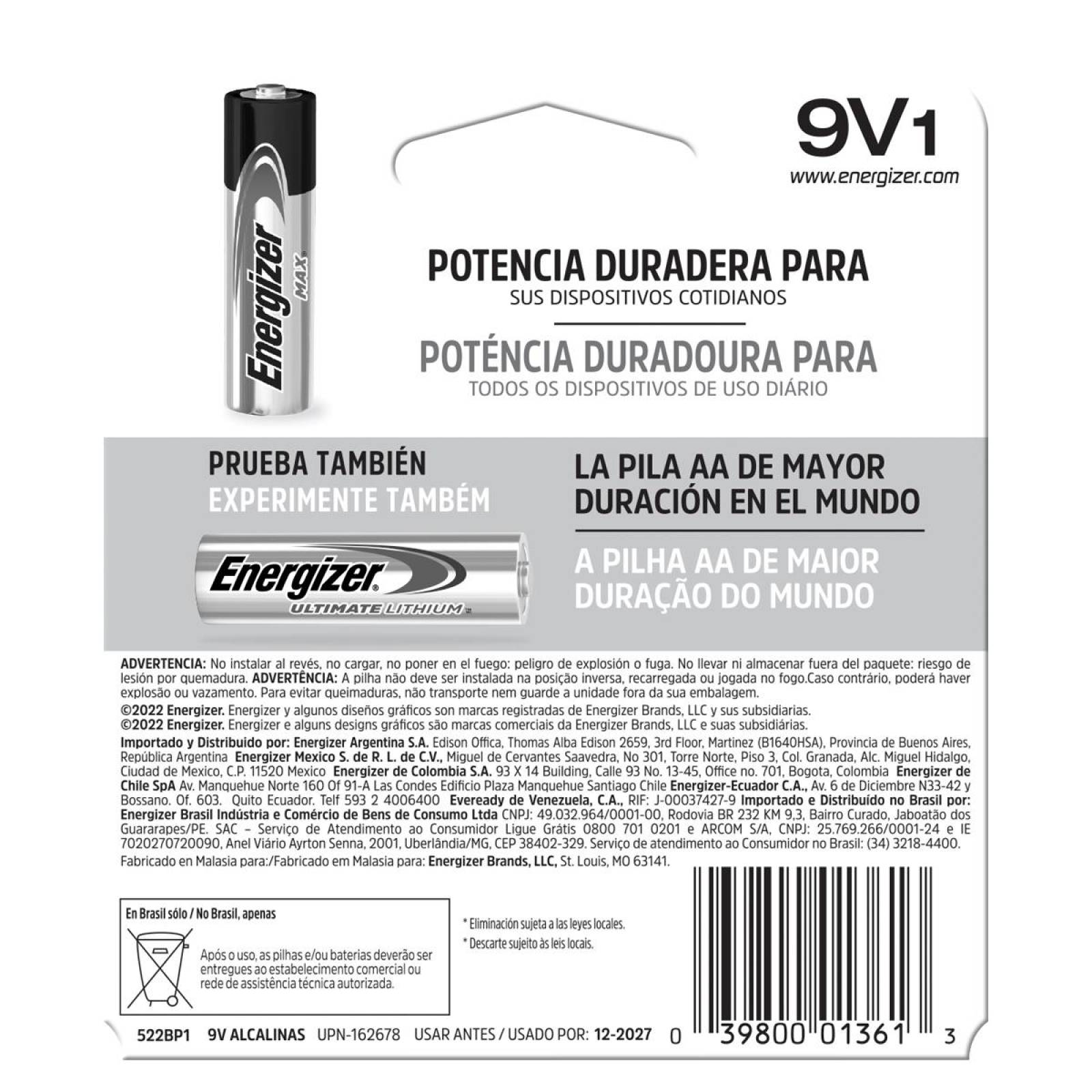 Pila Energizer Max Alcalina 9v Cuadrada 522bp-1 