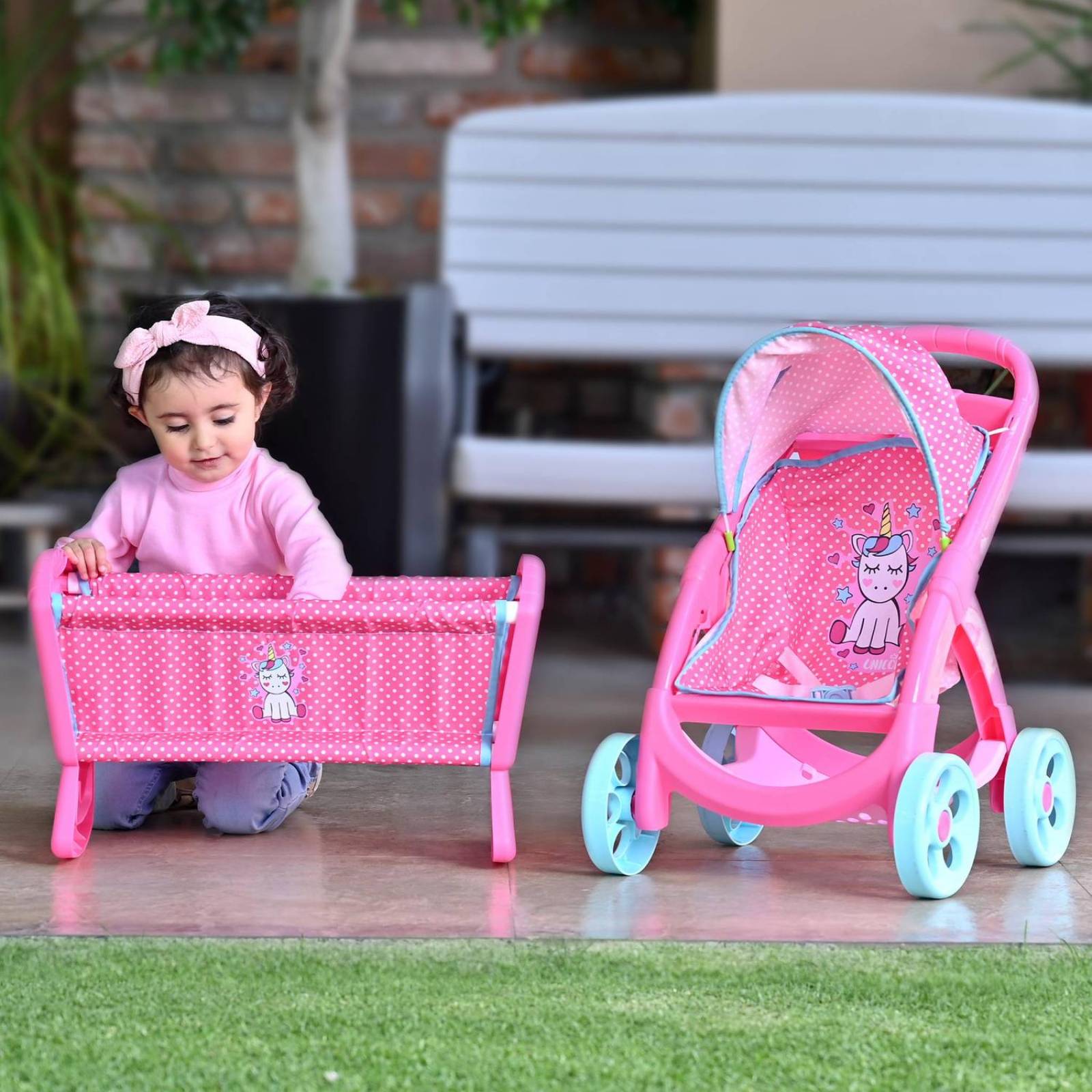 Carriola Mecedora Y Cuna Para Muñecas Prinsel Unicornio 