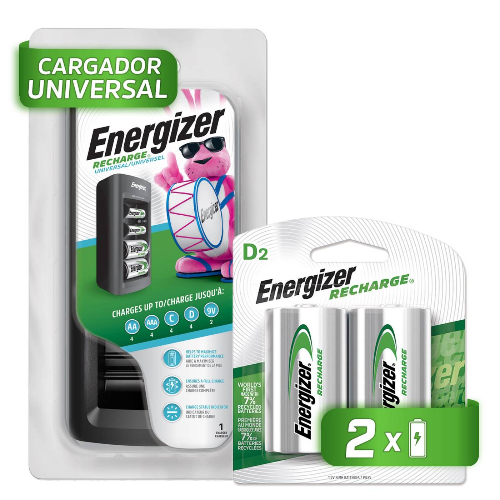 Cargador Universal De Pilas Energizer + 2 Pila Recargable D 