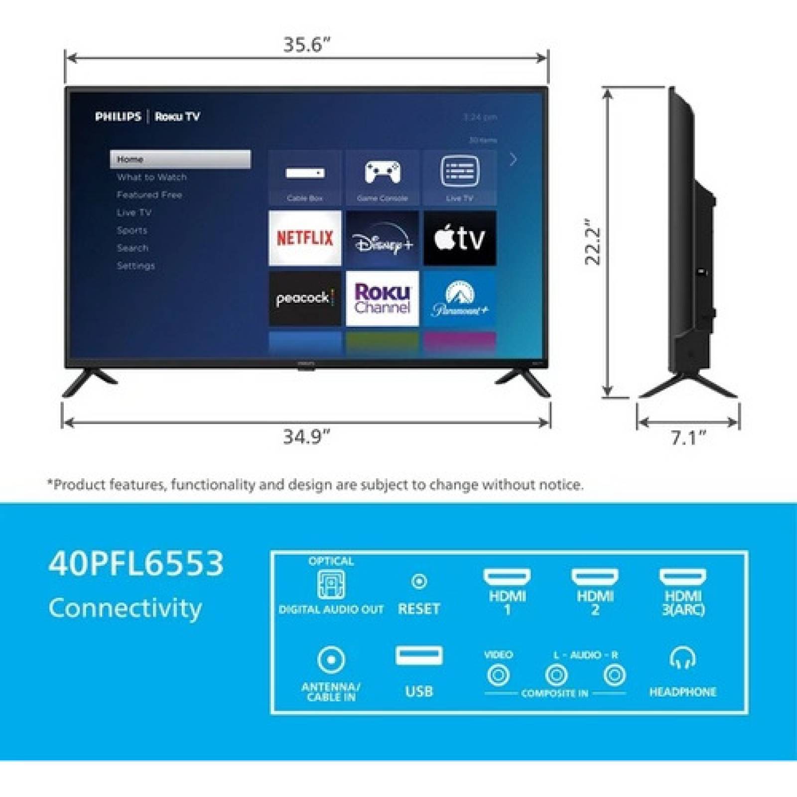 Smart Tv 40pul Philips Pantalla Led Fhd Roku Tv 40PFL6533 F7 REACONDICIONADO TIPO A