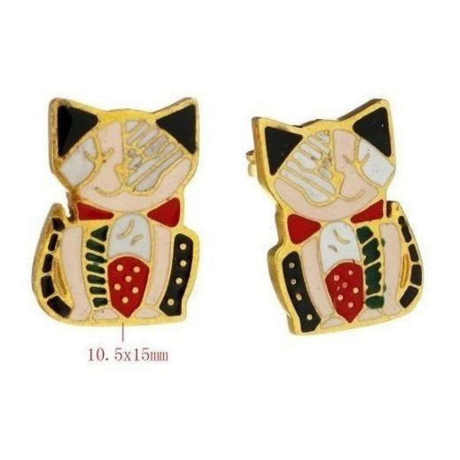 Kit Cadena Dije Y Aretes Gatito Esmaltado Dorado Acero Inox 